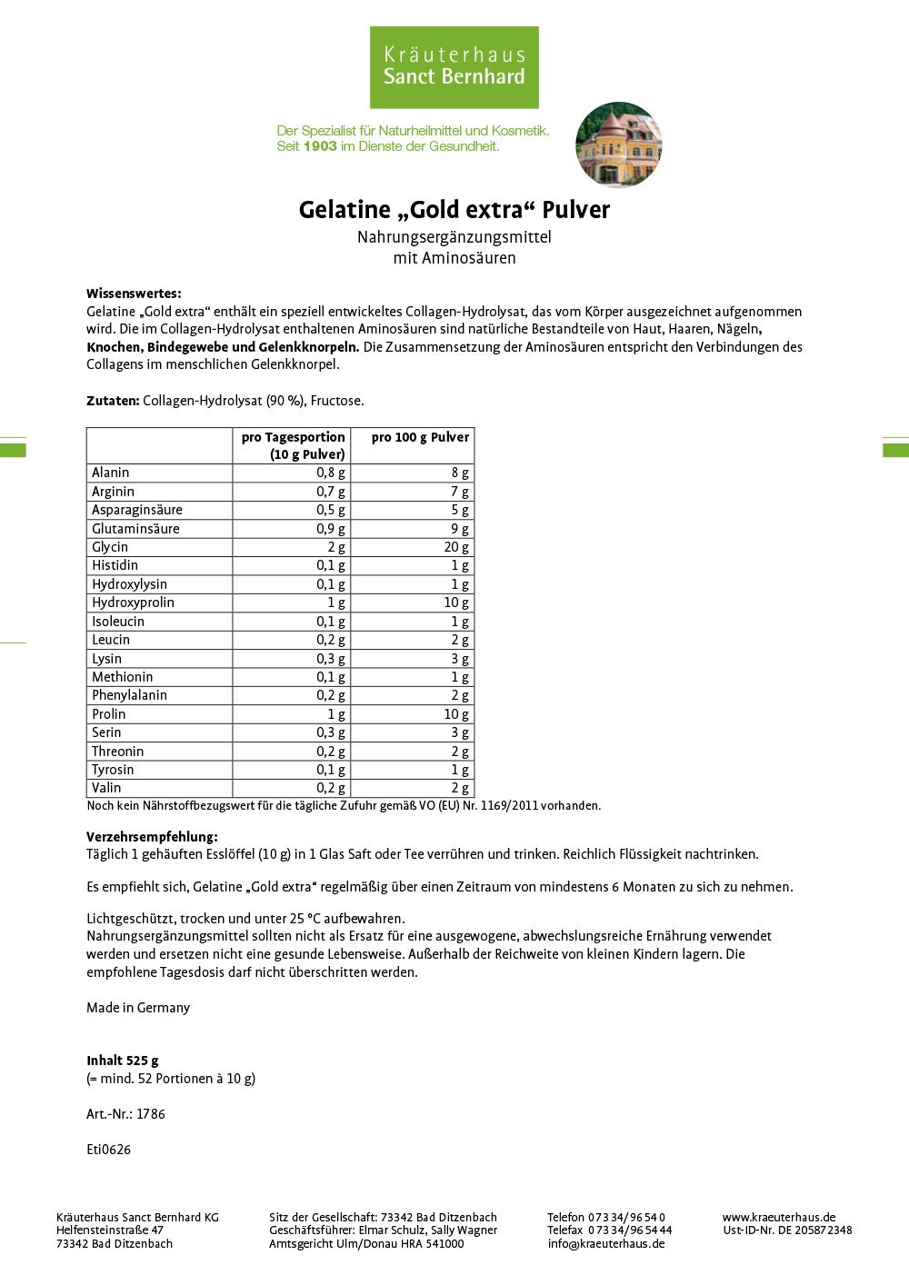 Etikett mit Produktinformationen: Gelatine "Gold extra" Pulver, Nährwertangaben, Anwendungshinweise.