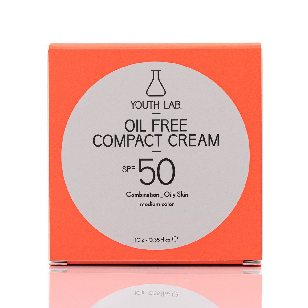 Roter Karton mit Produktinformationen: YOUTH LAB Oil Free Compact Cream SPF50. Kombination, fettige Haut, mittlere Farbe.