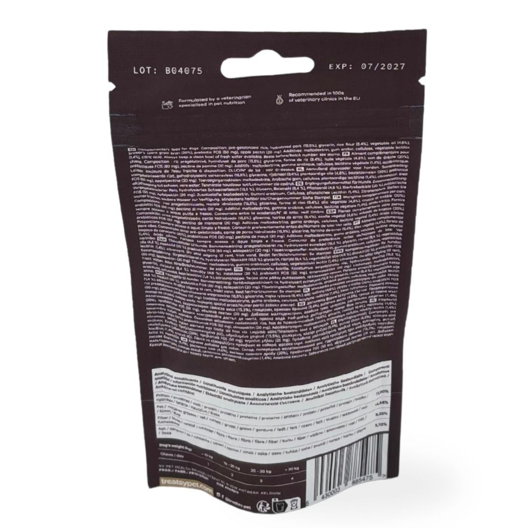 Rückseite des Beutels mit Ergänzungsfuttermittel. Text und Inhaltsstoffe. Haltbarkeit: 07/2027.