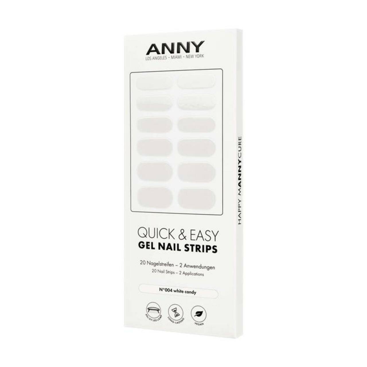 Anny Quick & Easy Gel Nail Strips, weiße Nagelstreifen in Verpackung. 20 Streifen, 2 Anwendungen. Marke Anny.