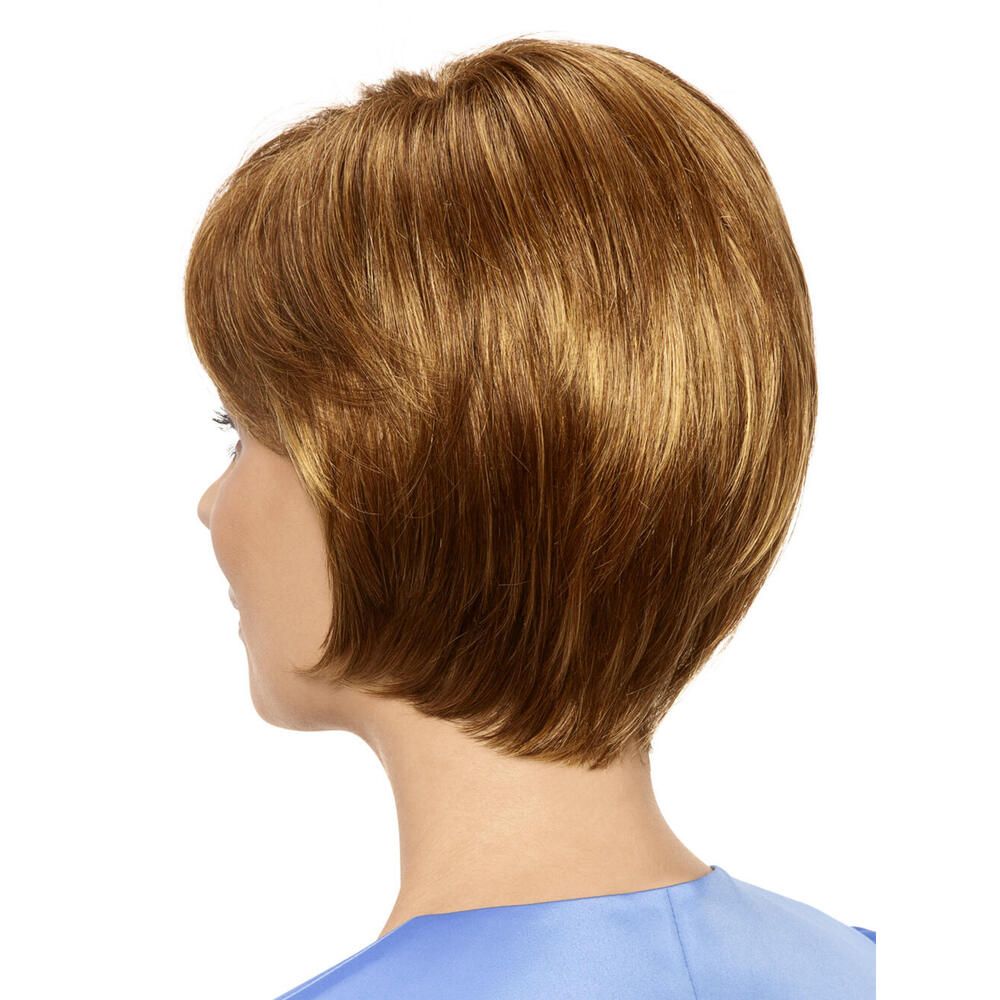 Kurzhaarperücke, goldbraun, mit Pony. Frau, Rückansicht.