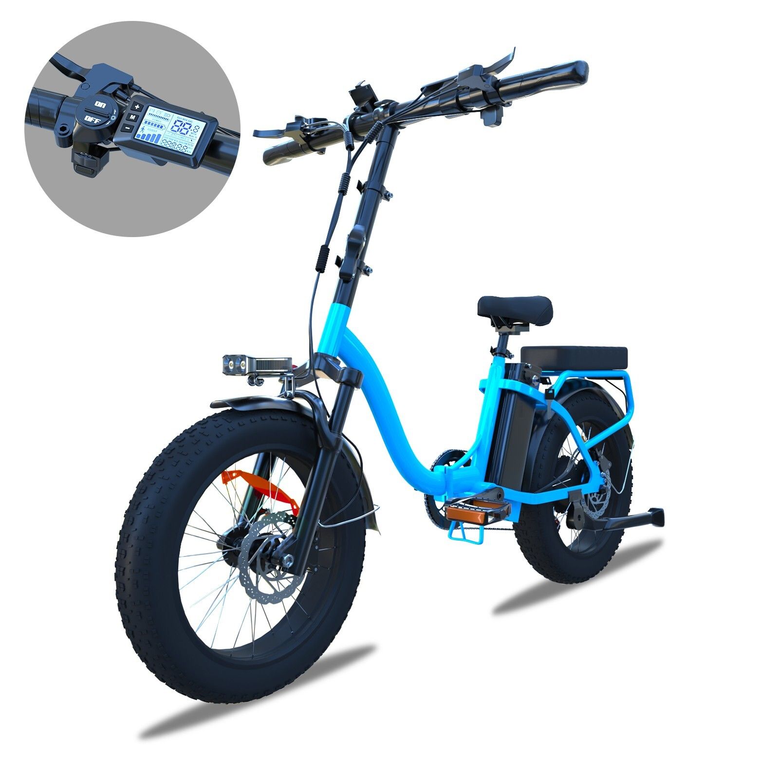 Blaues, zusammenklappbares Elektrofahrrad mit schwarzen Reifen und Details. Digitalanzeige am Lenker.