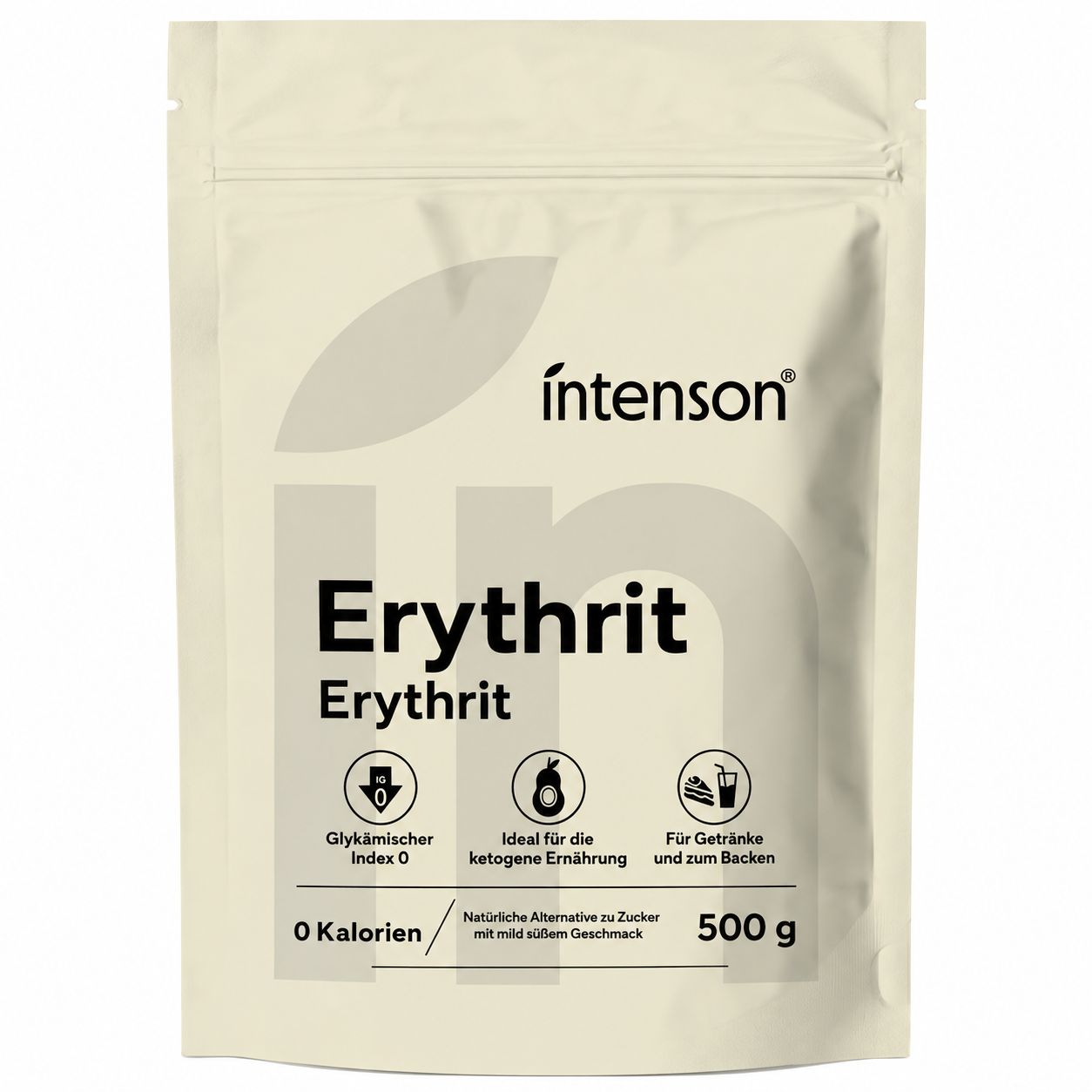 Packung Erythrit mit "Intenson" Logo. "0 Kalorien", "500 g".