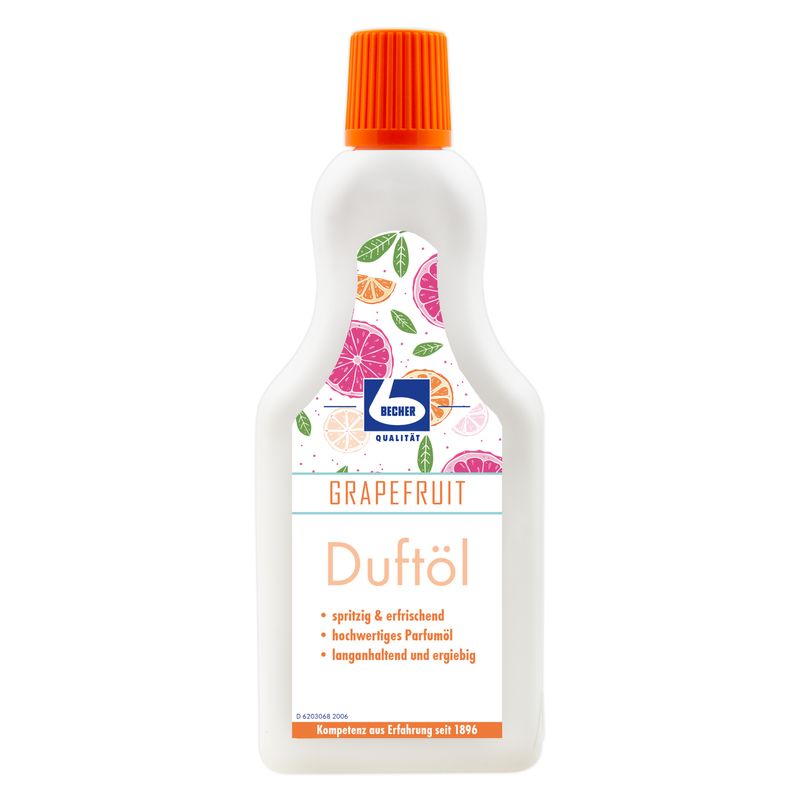 Weiße Flasche mit orangefarbenem Verschluss. Aufkleber mit Grapefruit-Motiv und Schriftzug "Duftöl". Marke: Becher.
