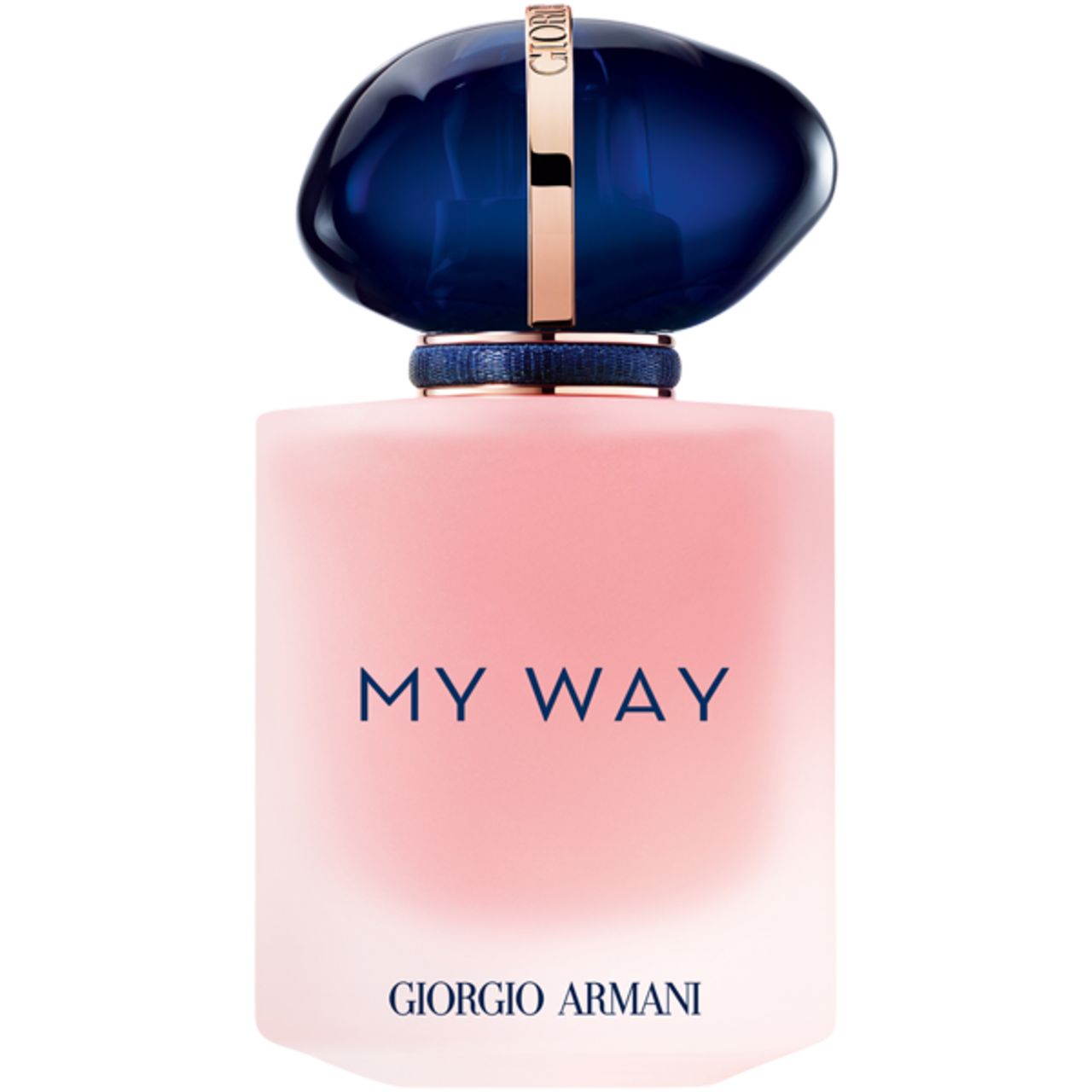 Rosa Flakon mit blauem Deckel. Aufschrift "MY WAY" und "GIORGIO ARMANI".