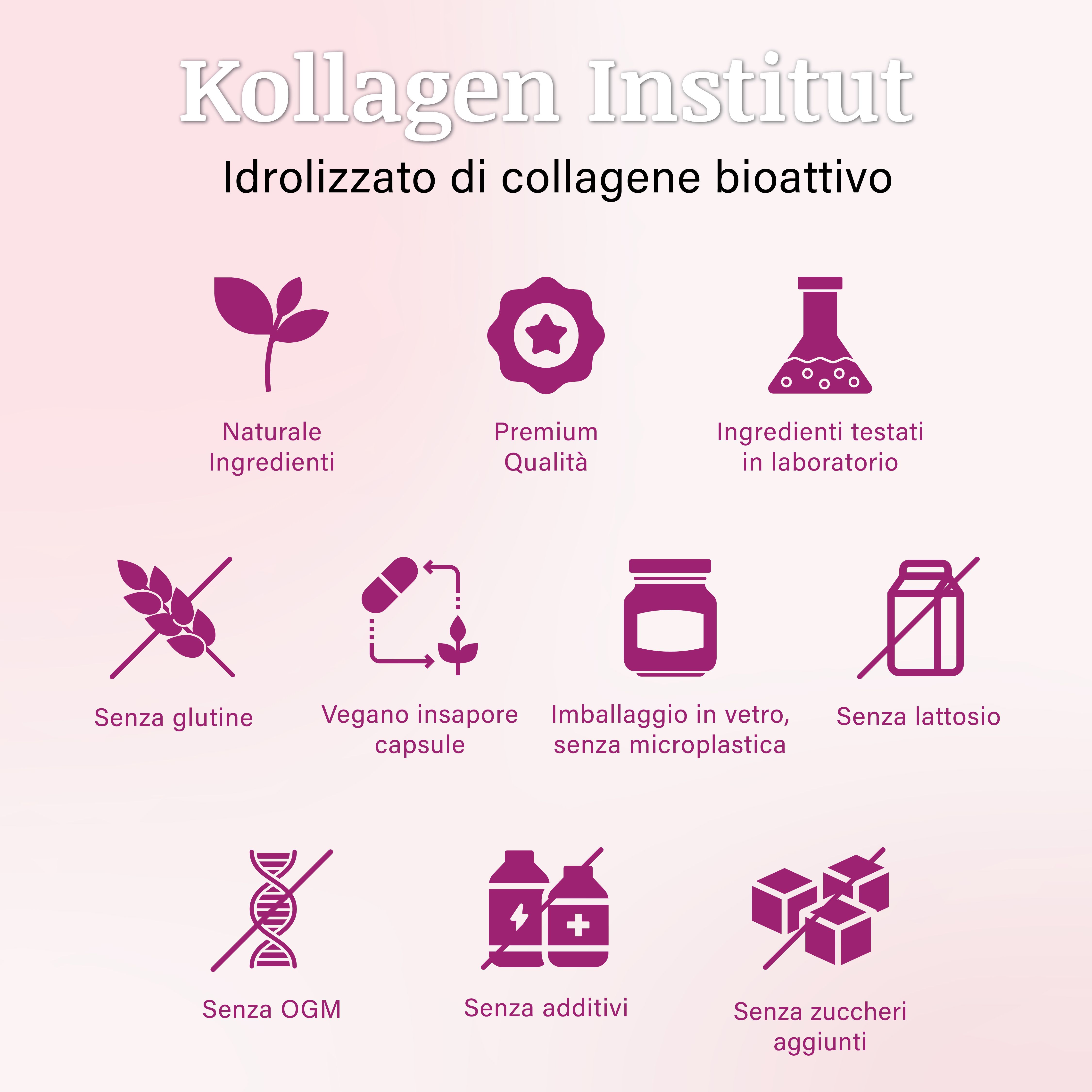 Icone: ingredienti naturali, qualità premium, ingredienti testati in laboratorio, senza glutine, vegano, insapore, confezione in vetro, senza OGM, senza additivi, senza zuccheri aggiunti.