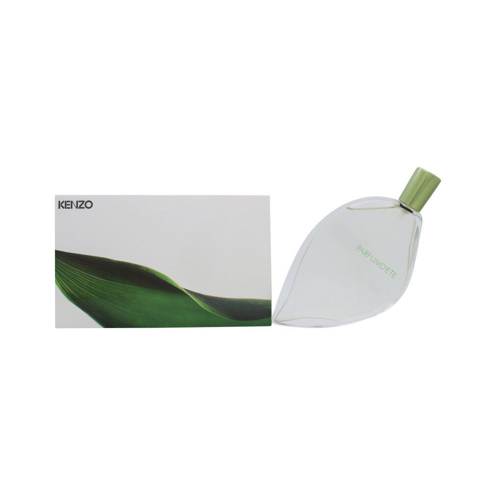 Parfumflakon in Blattform und Verpackung. Flakon mit grünem Verschluss, Schriftzug Parfum d'ete. Verpackung mit grünem Blattmuster und Schriftzug.