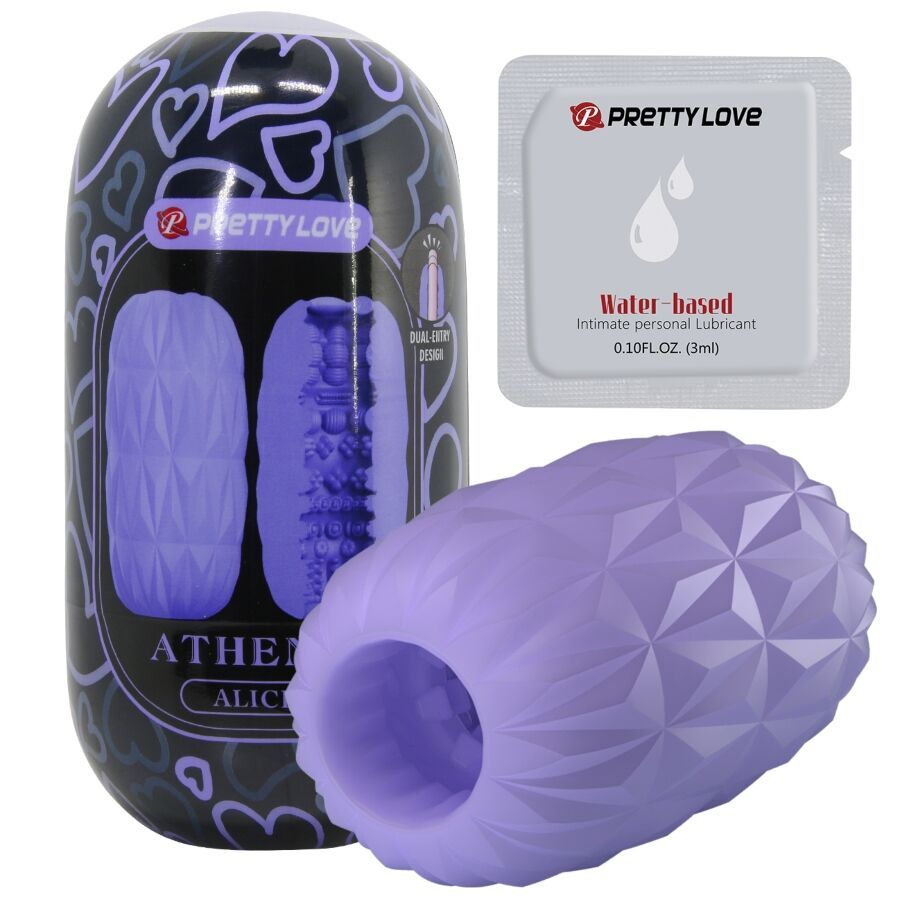 Violett Masturbator, Verpackung mit Produktabbildung und Markenlogo. Beutel mit Gleitmittel.