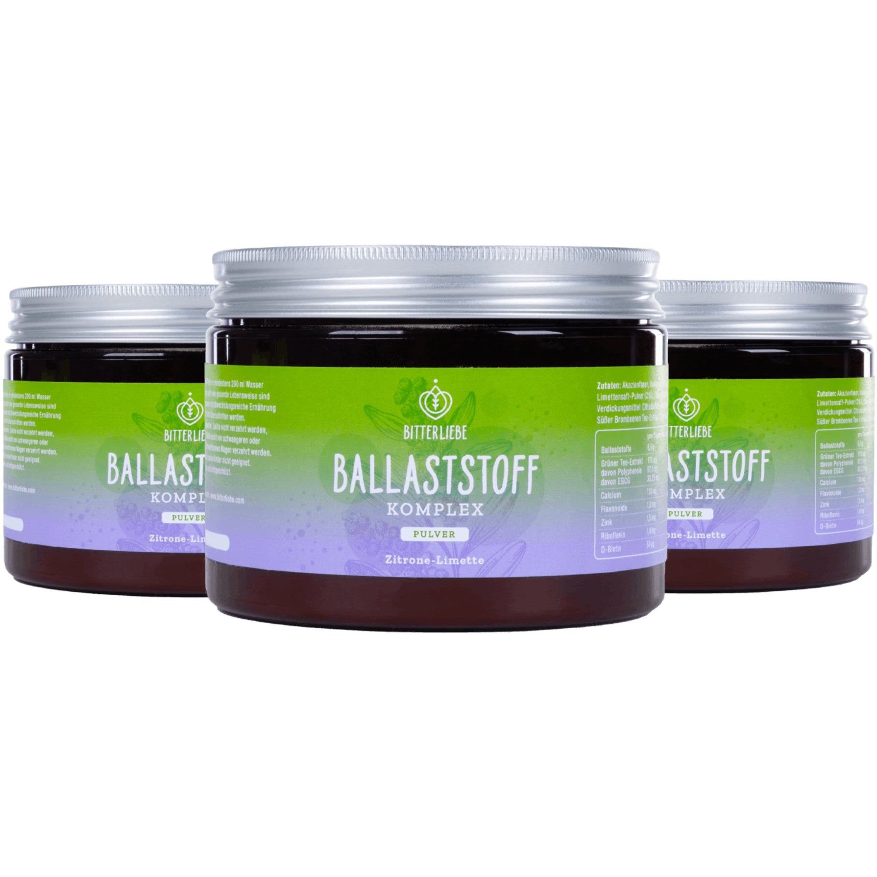 Drei Dosen BitterLiebe Ballaststoff Komplex. Zylindrische Form, silberner Deckel, grünes Etikett mit Produktinformationen.