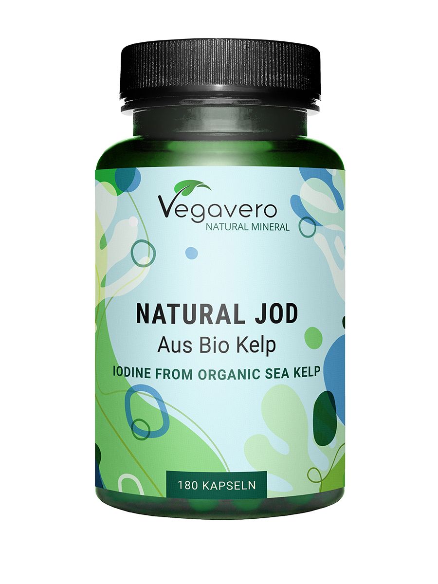 Grüne Flasche mit schwarzen Deckel. Aufschrift: NATURAL JOD, Aus Bio Kelp, Iodine from organic sea kelp. 180 Kapseln.