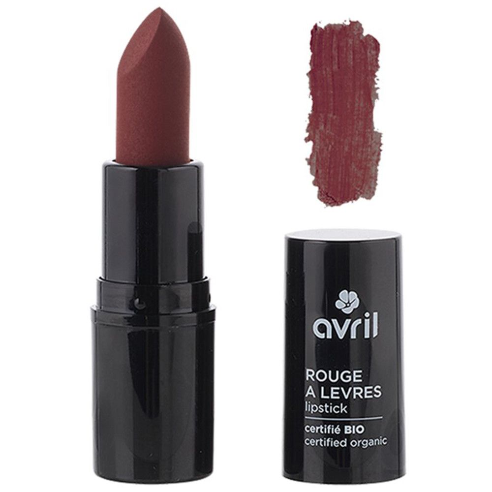 Schwarzer Lippenstift mit geöffneter Kappe. "Avril"-Logo und Text sind sichtbar. Daneben ein Farbmuster in dunklem Rot.