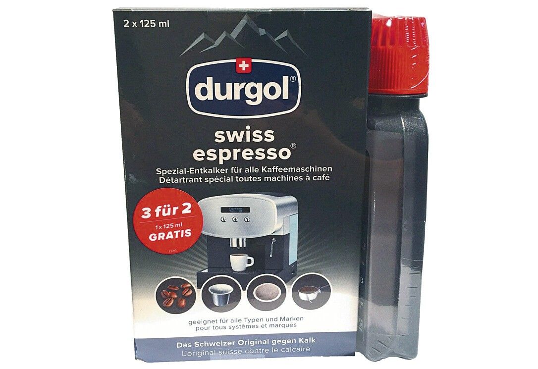 Durgol Swiss Espresso Entkalker-Verpackung mit Flasche. Schwarze Verpackung mit Produktnamen und Logo. Flasche mit rotem Deckel.