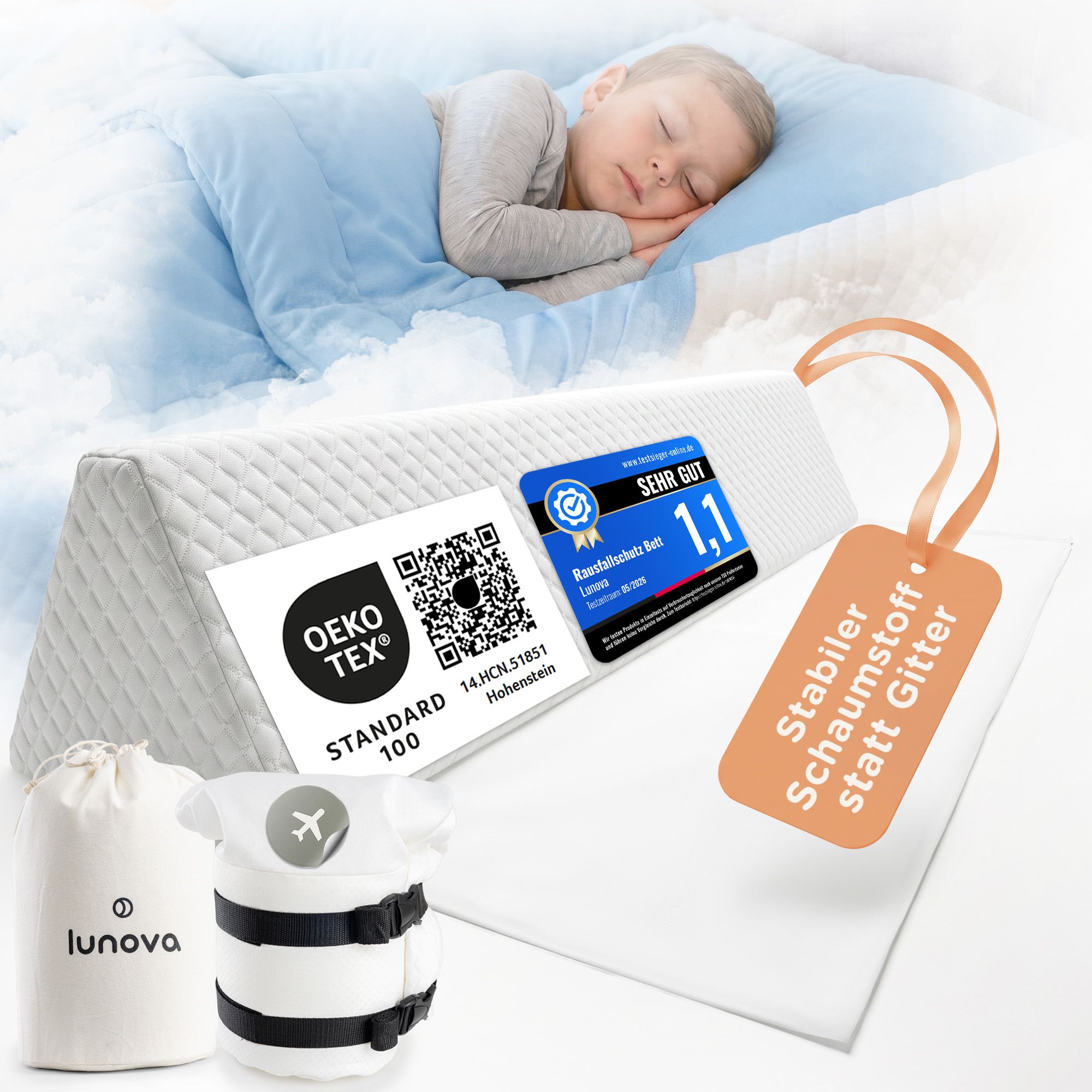Rausfallschutz aus Memory Foam, formstabil, atmungsaktiv. Mit OEKO-TEX® und Siegel "Sehr Gut" zertifiziert.