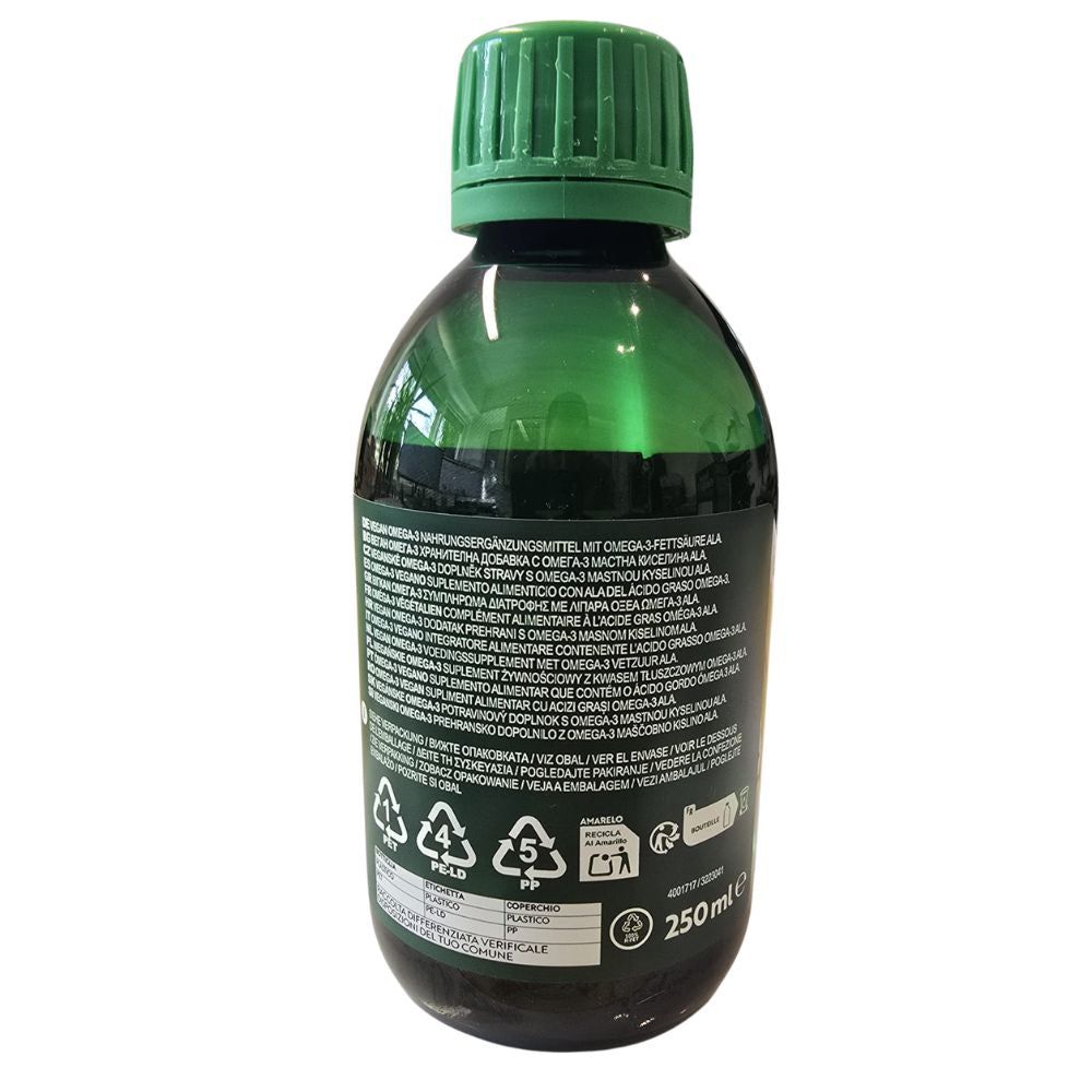 Detailansicht der Rückseite einer Flasche veganes Omega-3-Öl mit Text und Symbolen.