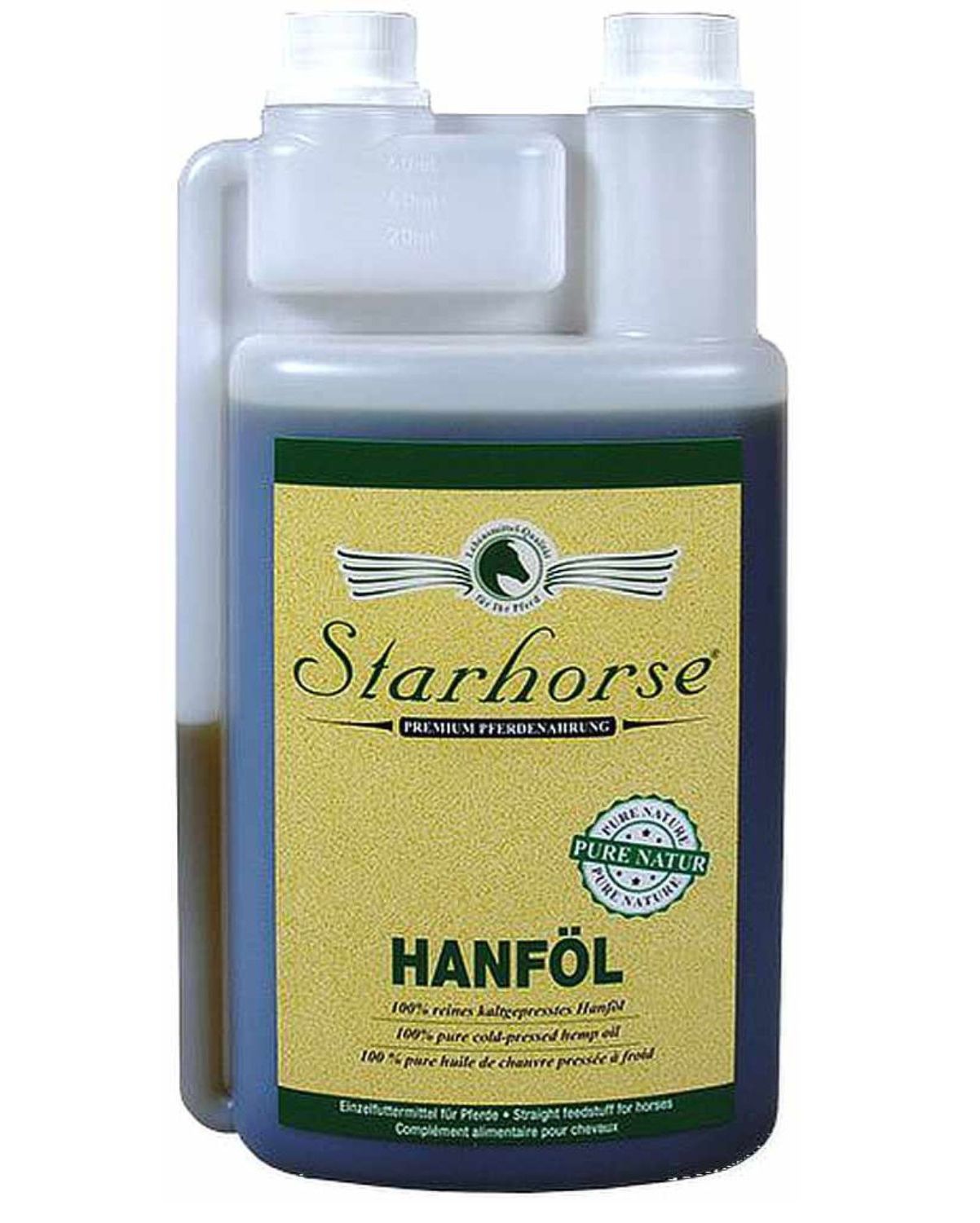 Flasche Starhorse Hanföl. Etikett mit Produktinformationen. Grün-gelbes Design.