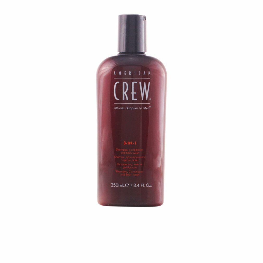 American Crew 3-in-1 Shampoo, Conditioner und Body Wash in brauner Flasche mit schwarzem Klappverschluss.