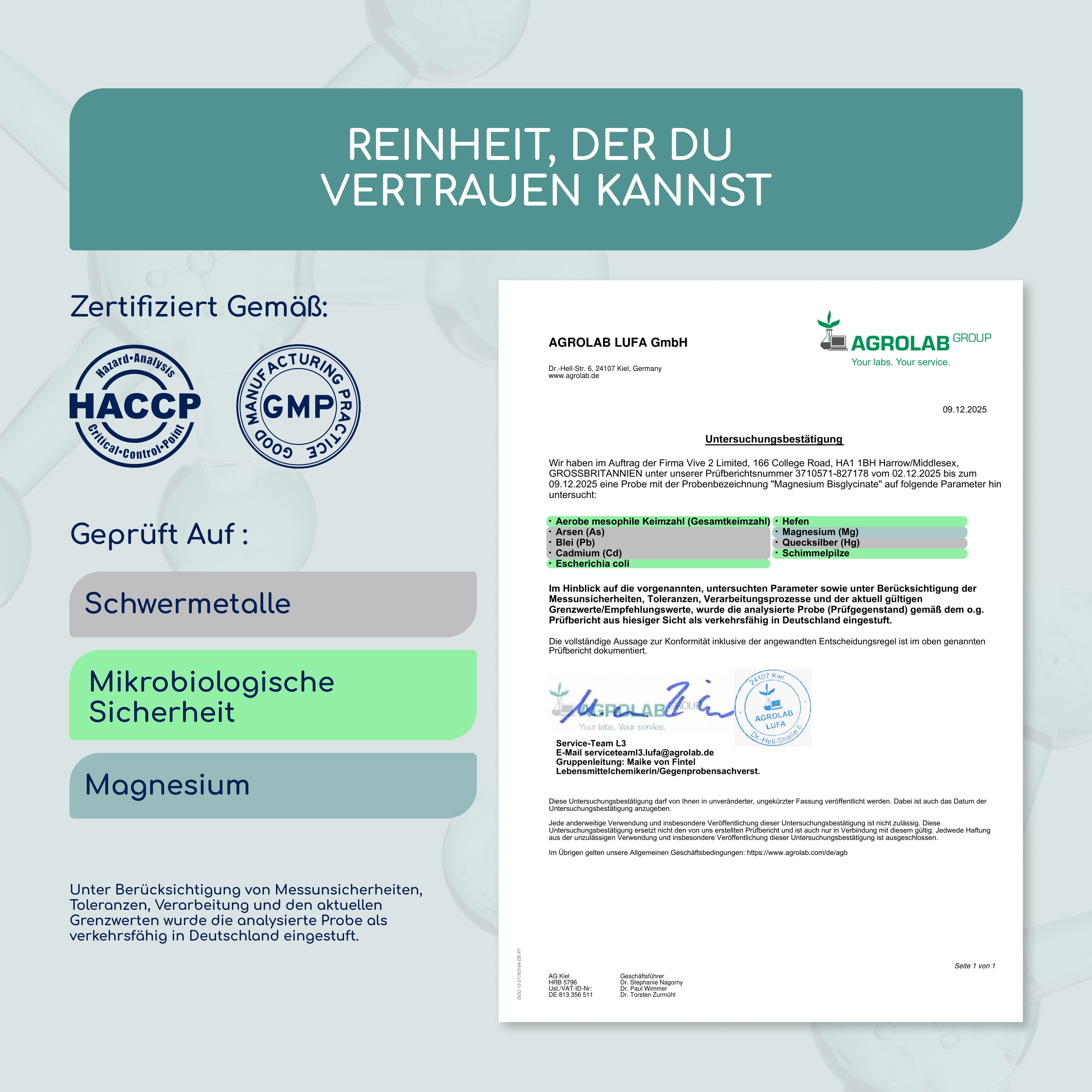 Zertifizierungsdokument von Agrolab LUFA GmbH. Geprüft auf Schwermetalle, mikrobiologische Sicherheit.