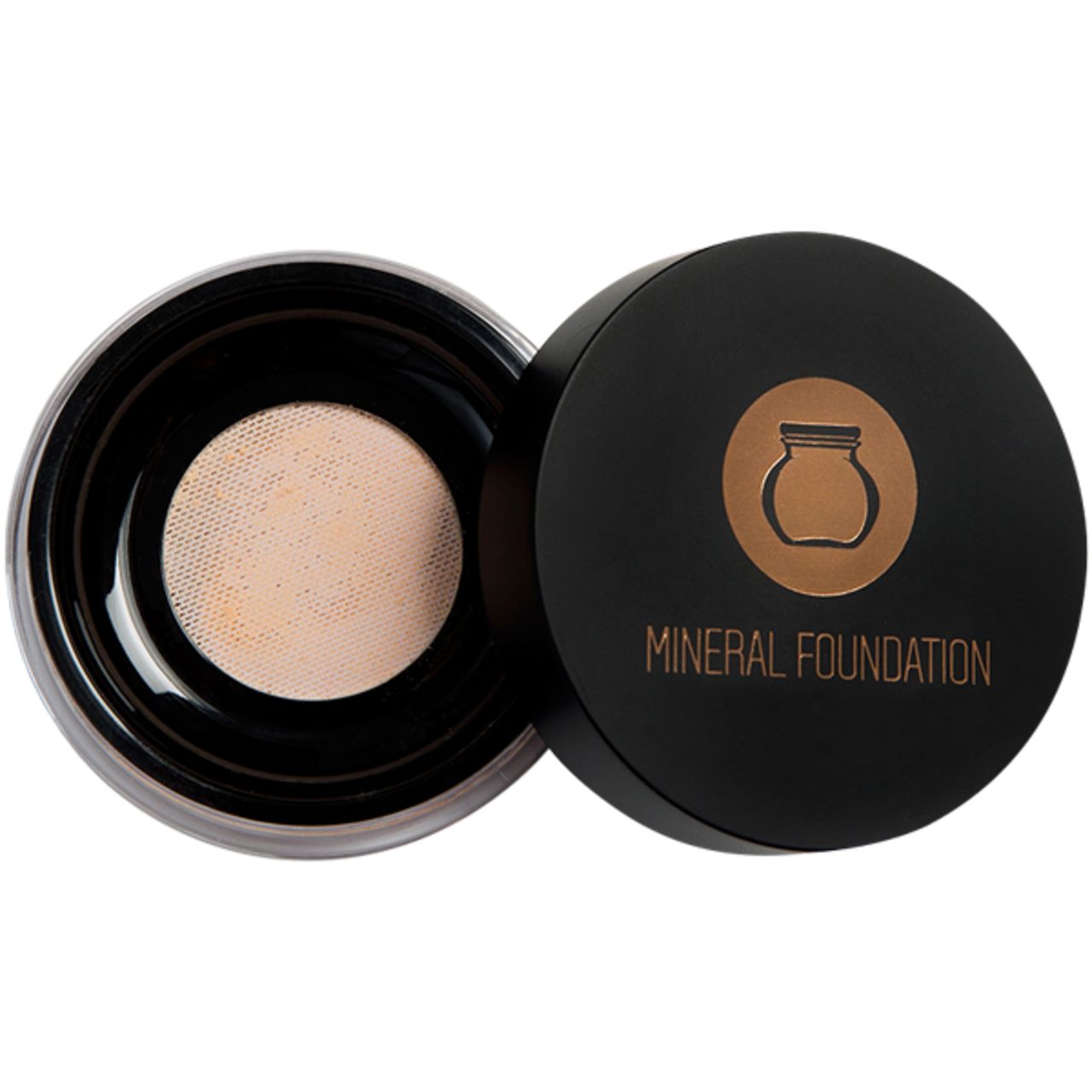 Offene Dose Mineral Foundation. Schwarzer Deckel mit Logo und Schriftzug. Innen ein Sieb und loses Puder.