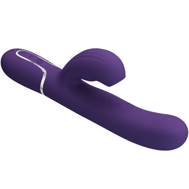 Lila Vibrator mit gebogener Form und geriffelter Spitze. Bedienknöpfe und silberne Zierleiste.