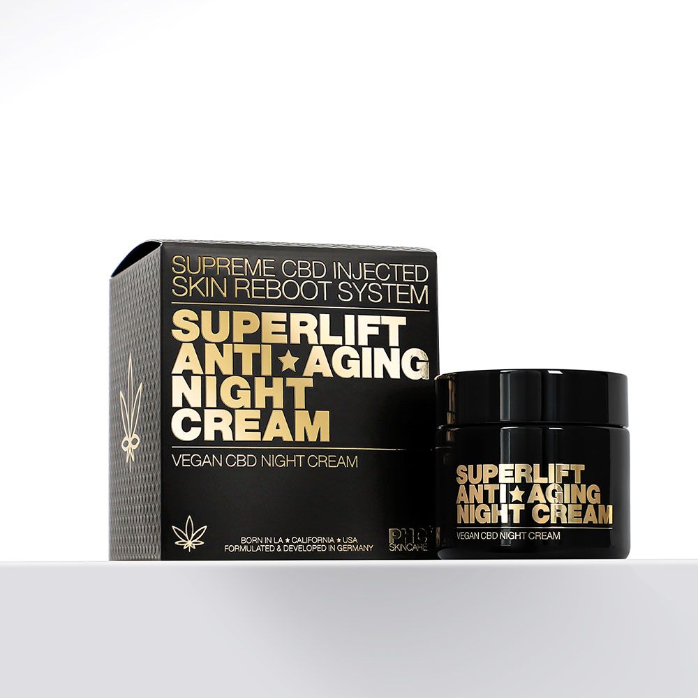 Schwarze Schachtel und Tiegel. Auf der Schachtel: SUPERLIFT ANTI-AGING NIGHT CREAM. Auf dem Tiegel: gleicher Schriftzug.