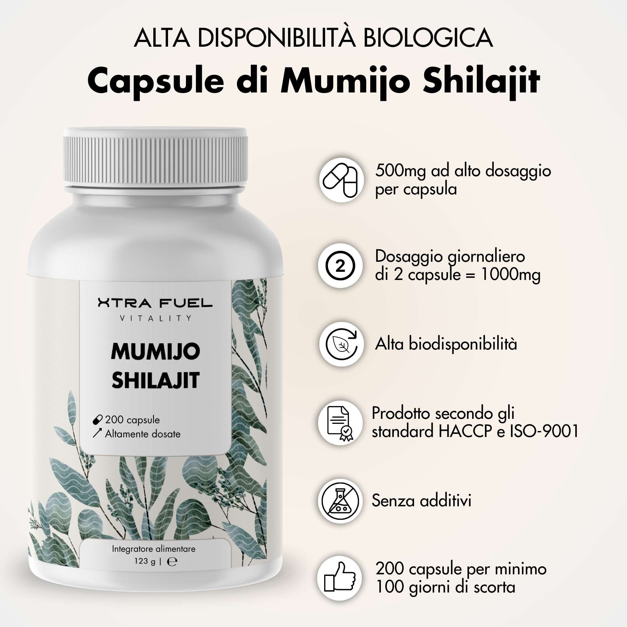 Flacone bianco XTRA FUEL Mumijo Shilajit. Testo: 200 capsule, ad alto dosaggio, 123g e. Icone: dosaggio, biodisponibilità, ecc.