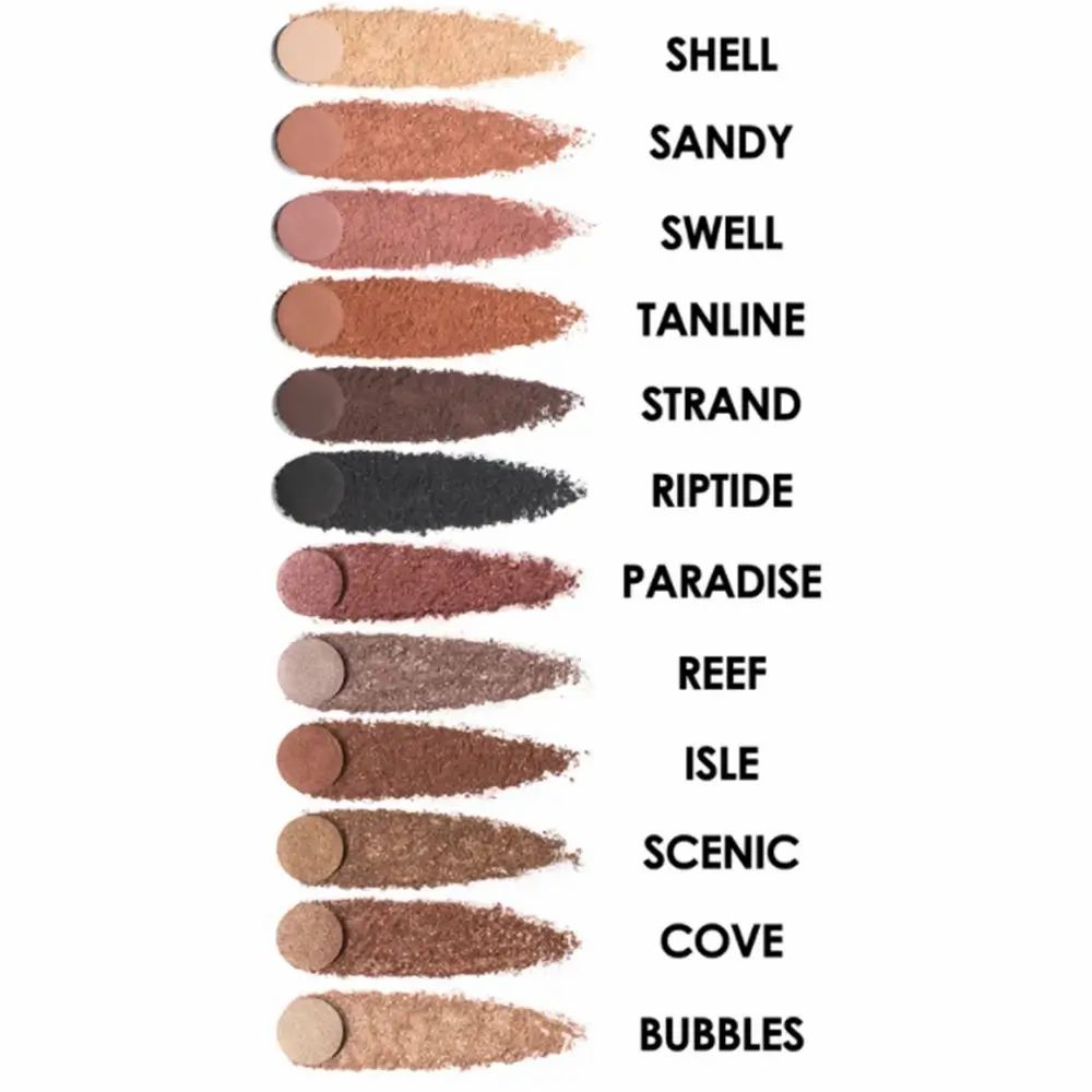 BODYOGRAPHY Forever Summer Lidschattenpalette, 12 Farbtöne, Swatches. Farben mit Namen: Shell, Sandy, Swell, Tanline, Strand, Riptide.