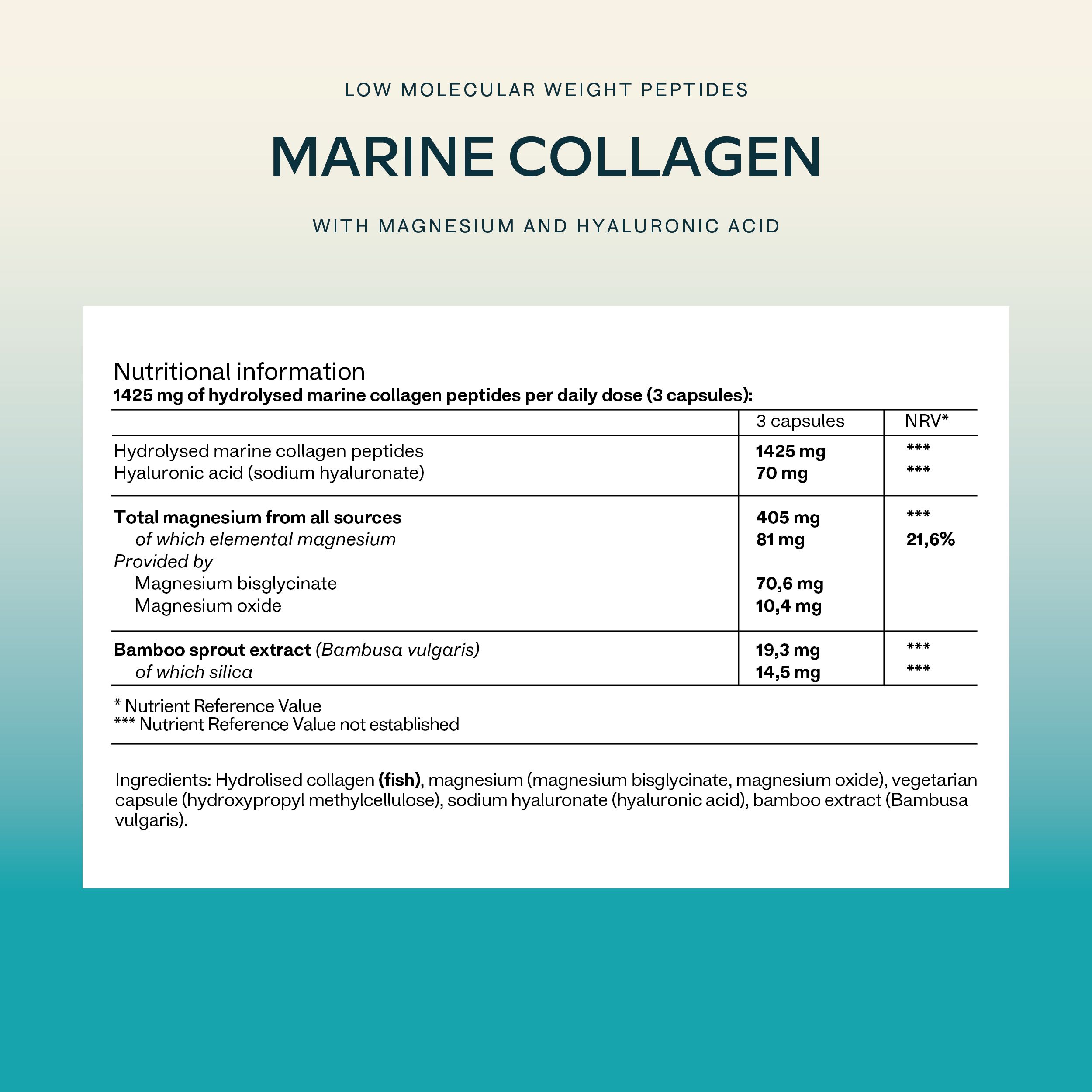 Nährwertangaben. Marine Collagen. Mit Magnesium und Hyaluronsäure. 1425 mg Kollagenpeptide pro Tagesdosis.
