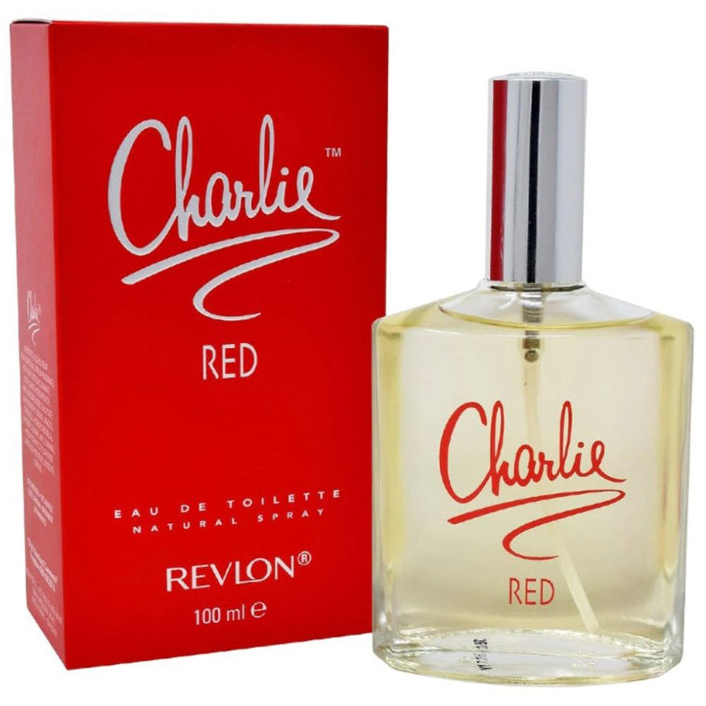 Rote Schachtel und Flakon. Silberner Schriftzug "Charlie RED". Marke Revlon.