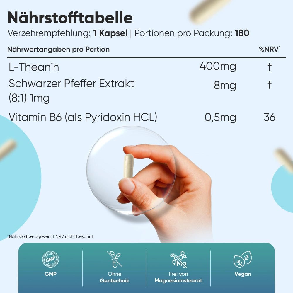 WeightWorld L-Theanin Nährwerttabelle: 400mg L-Theanin, 8mg schwarzer Pfeffer, 0,5mg Vitamin B6, 180 Portionen.