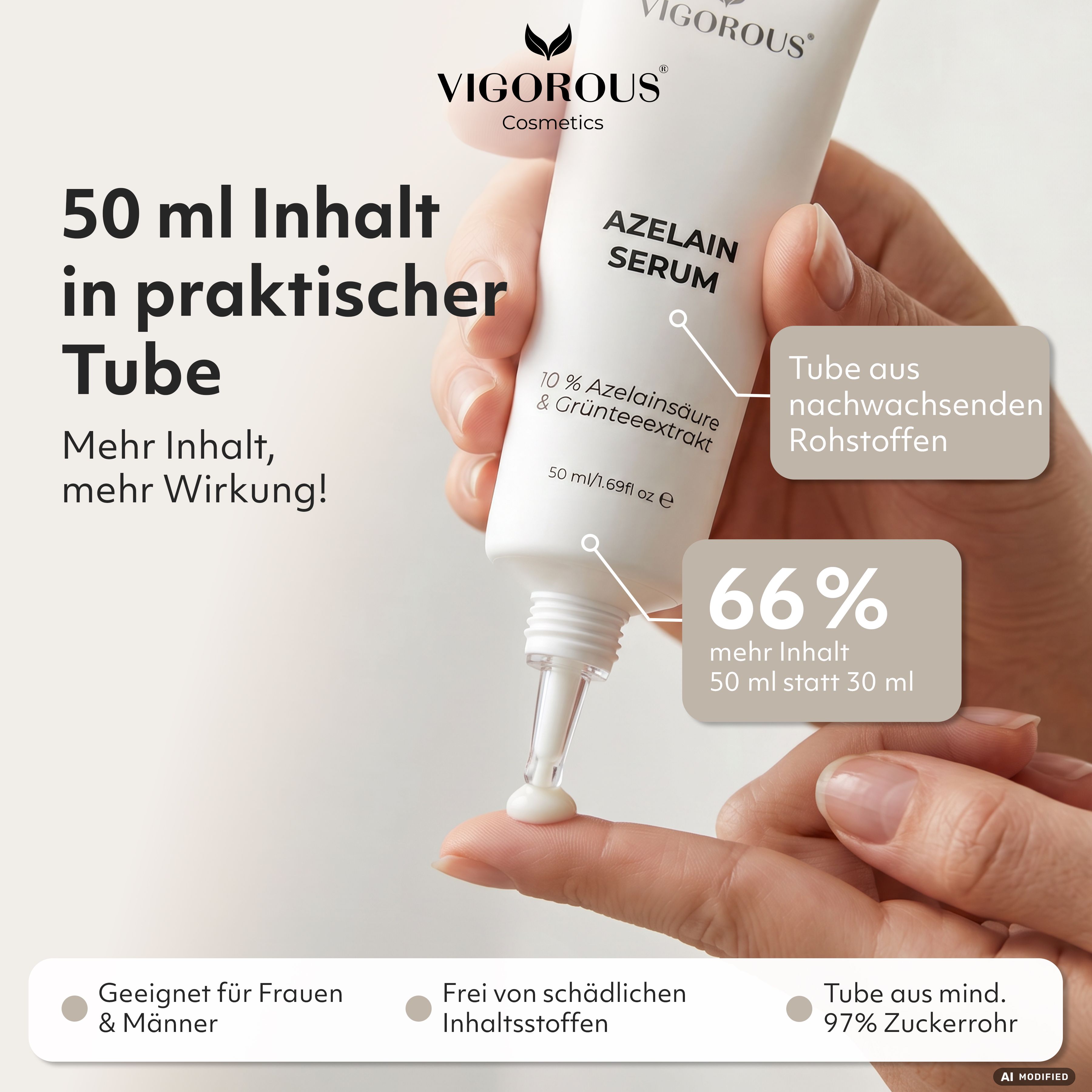 Hand mit VIGOROUS Azelain Serum Tube, 50 ml Inhalt, Tube aus nachwachsenden Rohstoffen.