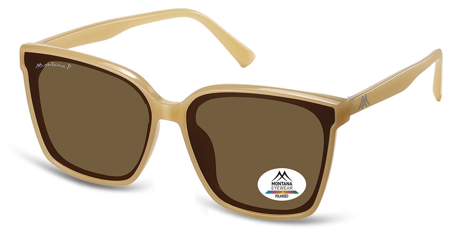 Sonnenbrille mit braunen Gläsern und beigem Rahmen. Montana Eyewear Logo und Polarisations-Aufkleber.