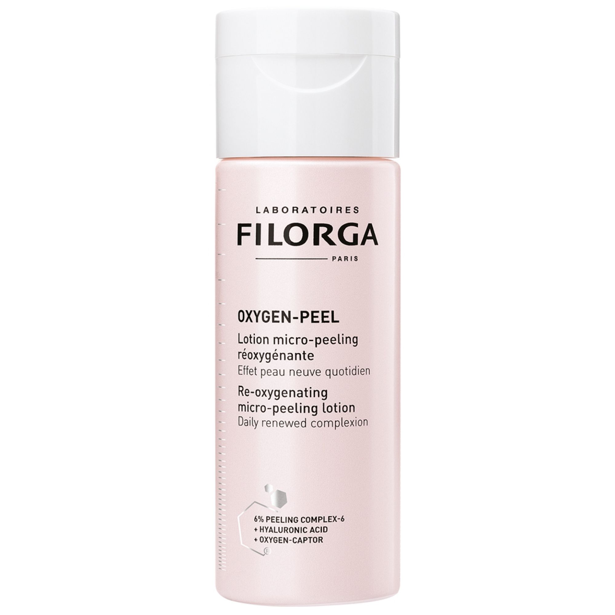 Filorga Oxygen-Peel Lotion micro-peeling réoxygénante in einer hellrosa Flasche mit weißem Klappdeckel.