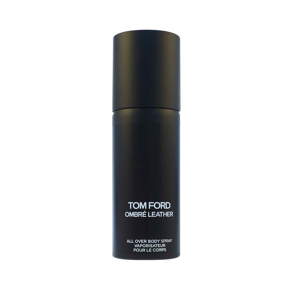 Schwarze Sprühflasche mit Text: TOM FORD OMBRÉ LEATHER. ALL OVER BODY SPRAY. VAPORISATEUR POUR LE CORPS.
