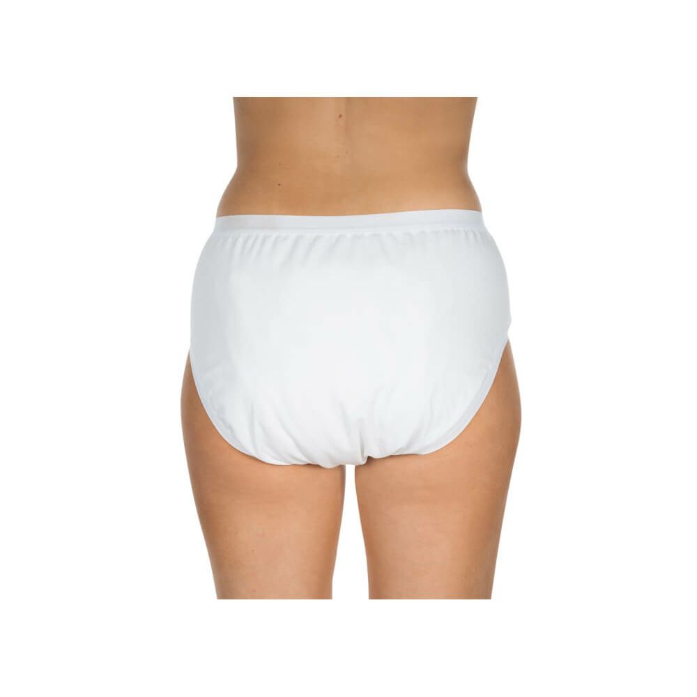 Weißer Inkontinenz-Slip, Rückansicht. Auf einer Person getragen.