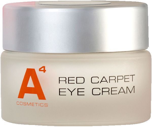 Cremebehälter mit silbernem Deckel. Aufschrift: A4 Cosmetics, Red Carpet Eye Cream.