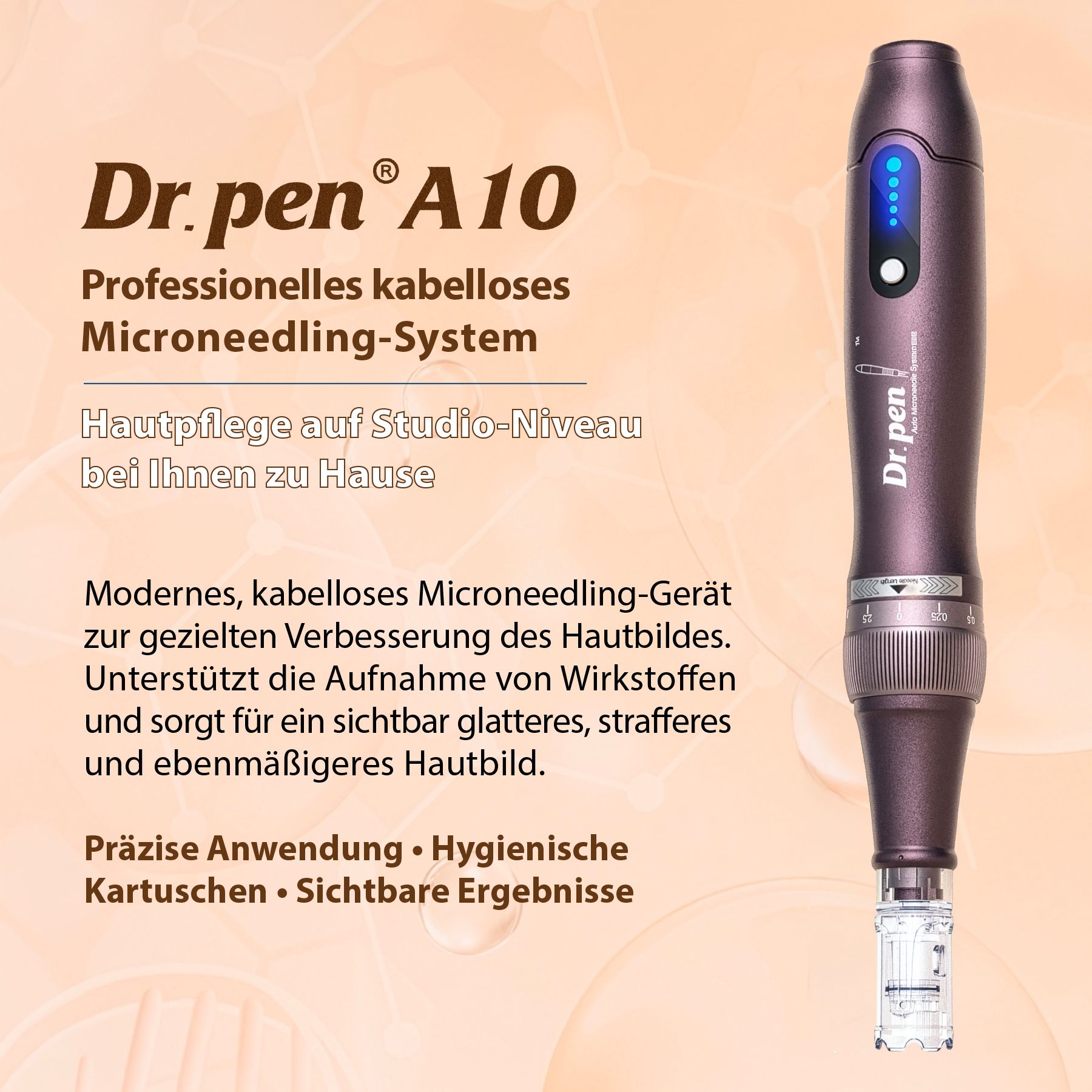 Dr. Pen A10 kabelloses Microneedling-Gerät mit blauem LED-Display.