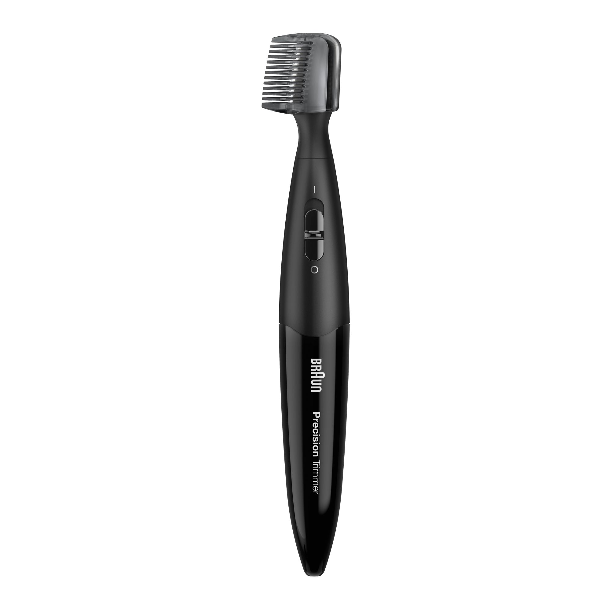 Schwarzer Präzisionstrimmer. Mit Aufsatz und Bedienknöpfen. Marke Braun, Schriftzug 'Precision Trimmer'.