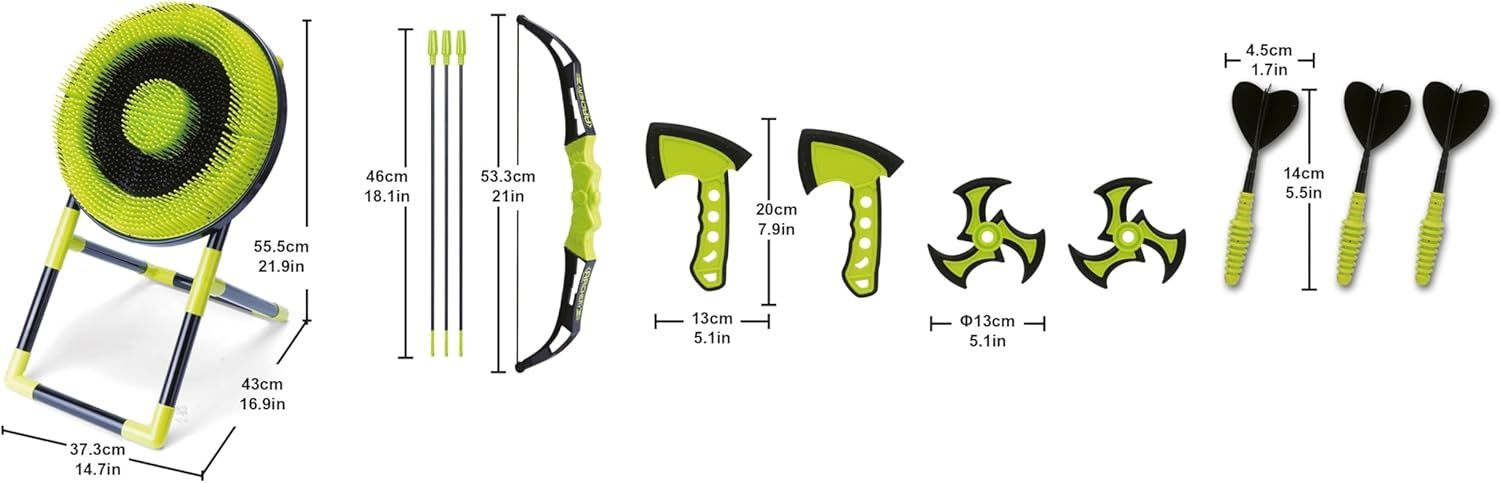Komplette Sunflex Bogenschieß-Set-Komponenten. Enthält Zielscheibe, Bogen, Pfeile, Äxte und Wurfsterne. Abmessungen sind angegeben.