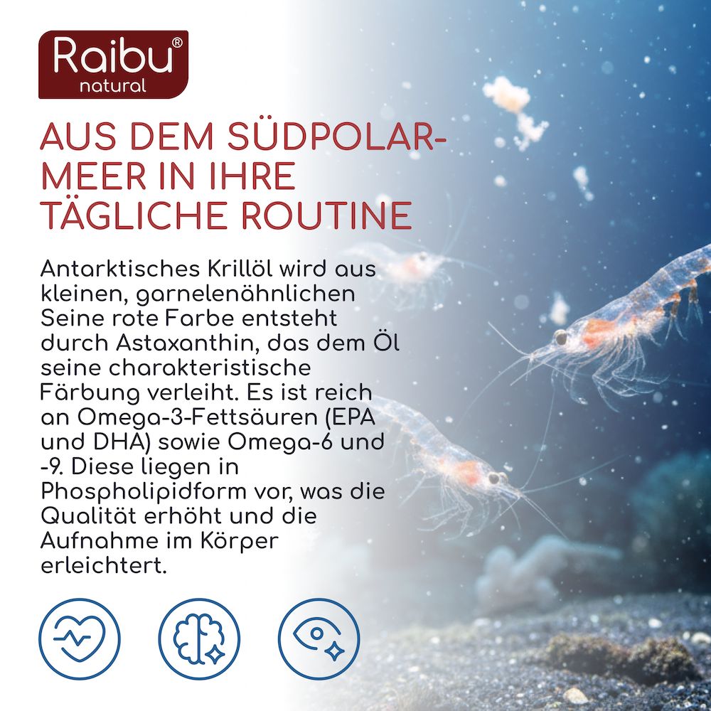 Unterwasseraufnahme von Krill. Text: Reich an Omega-3-Fettsäuren, Astaxanthin. Krill in Phospholipidform.