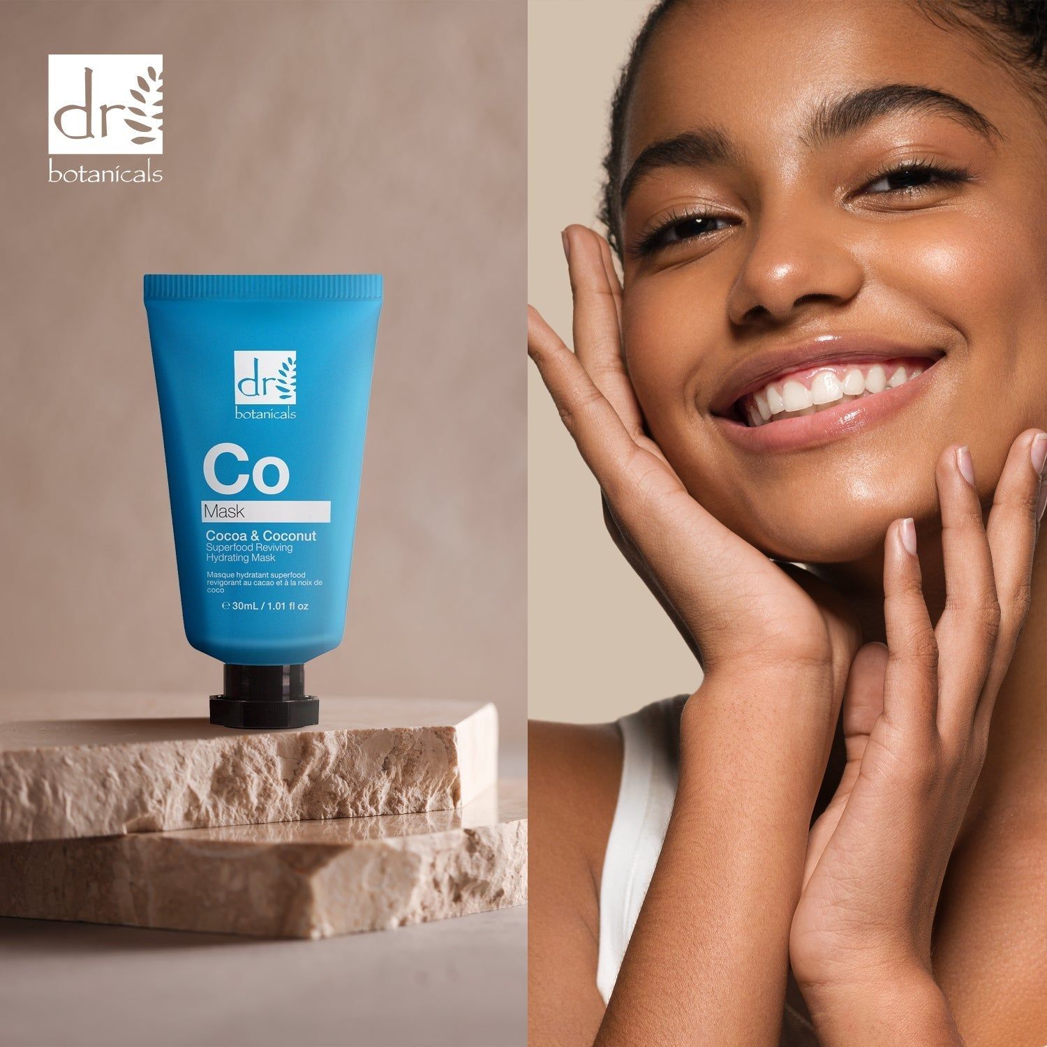 Blaue Tube neben einer Frau. Aufschrift: Co Mask, Cocoa & Coconut Superfood Reviving Hydrating Mask. Marke: dr botanicals. Frau berührt ihr Gesicht.