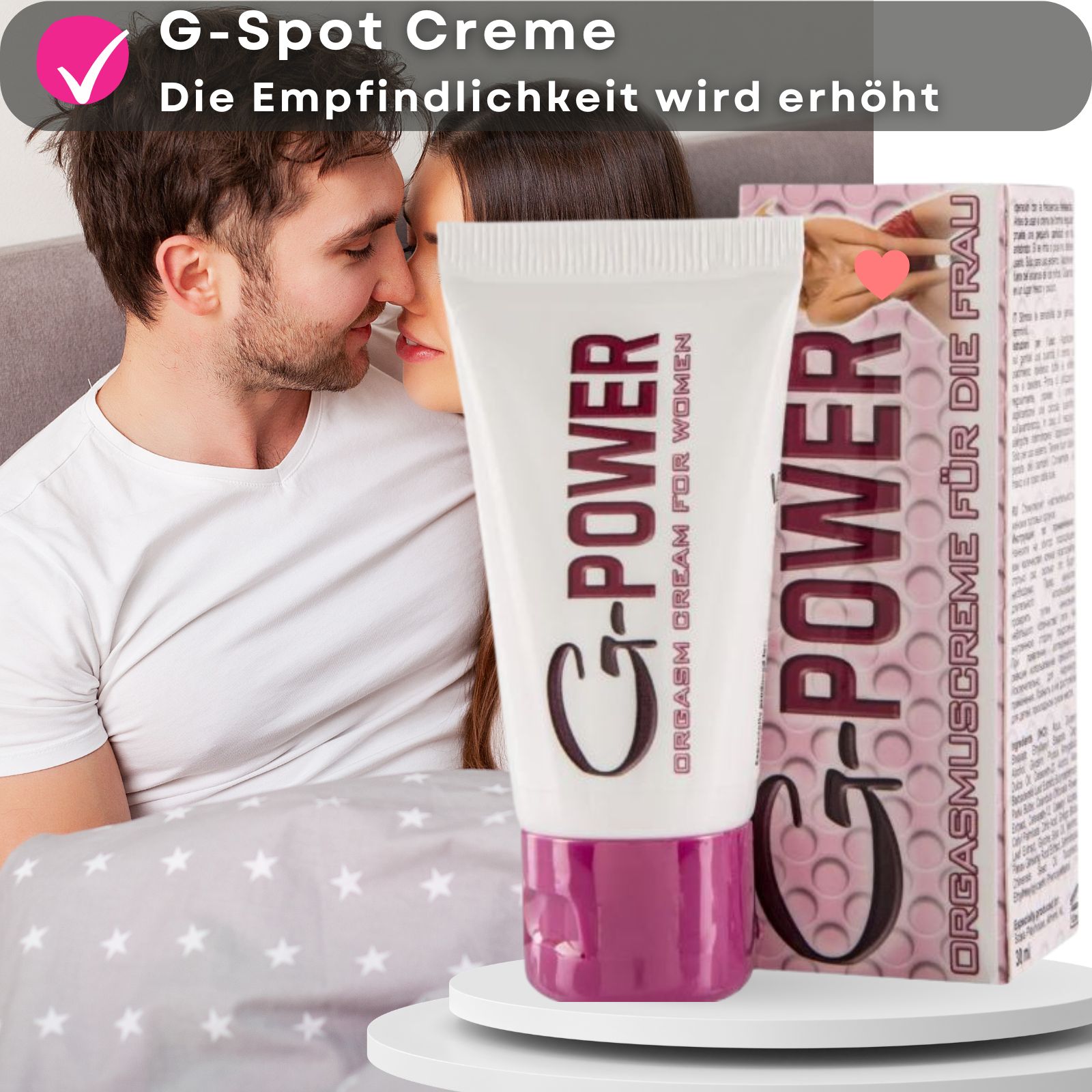 G-POWER Creme-Tube und Verpackung. Frau mit roten Schuhen im Hintergrund. Text auf der Verpackung.