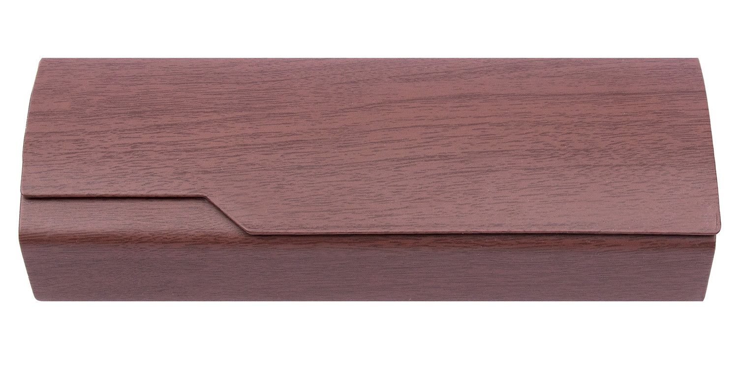 Hartschalenetui mit Holzmaserung. Rechteckige Form mit abgeschrägten Kanten. Klappdeckel mit Aussparung.