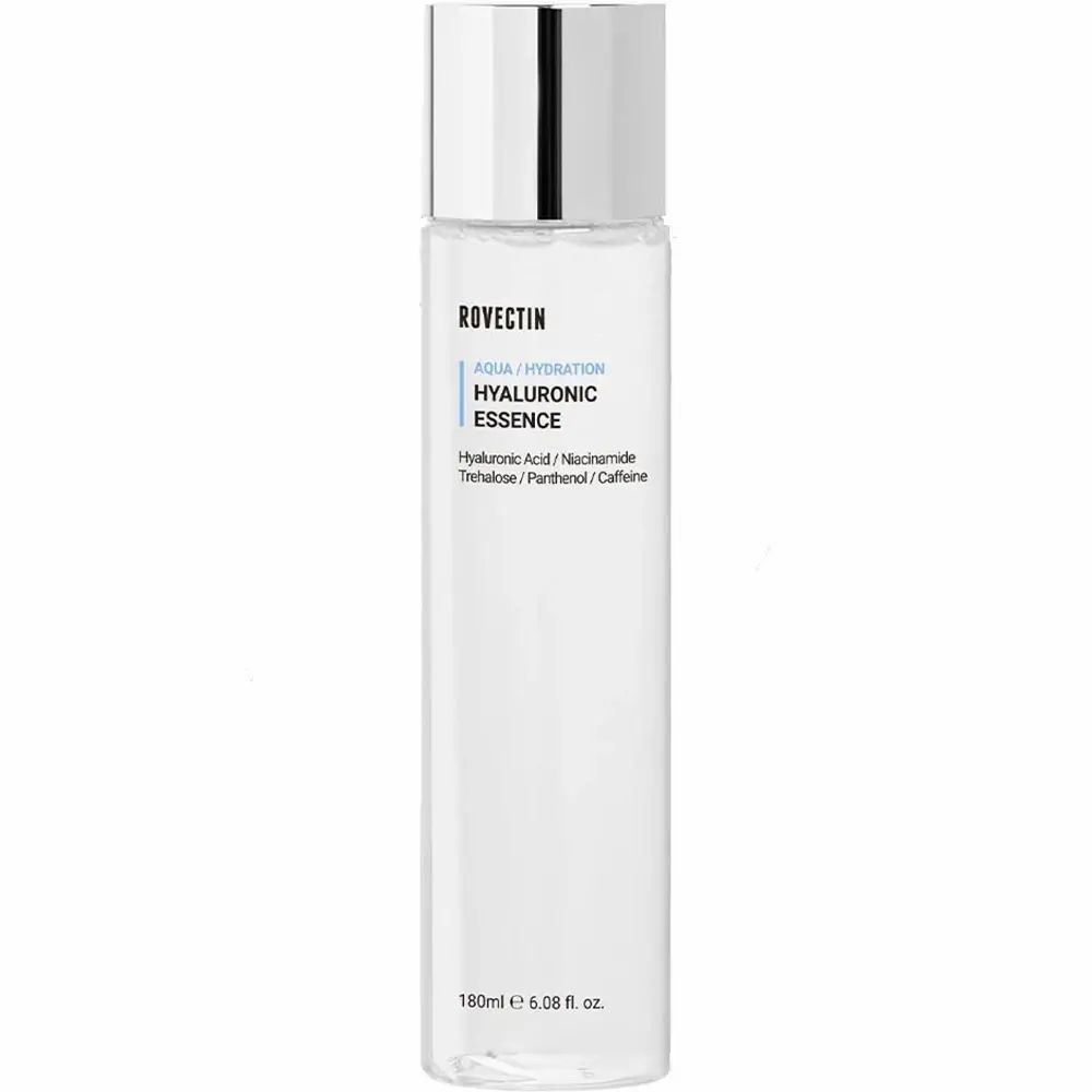 ROVECTIN Aqua/Hydration Hyaluronic Essence. Weiße Flasche mit silbernem Deckel. Text in Blau.
