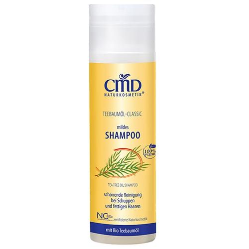 Zylindrische Flasche mit weißem Deckel. Gelbes Etikett mit Text: "CMD Naturkosmetik", "Teebaumöl-Classic", "mildes Shampoo".