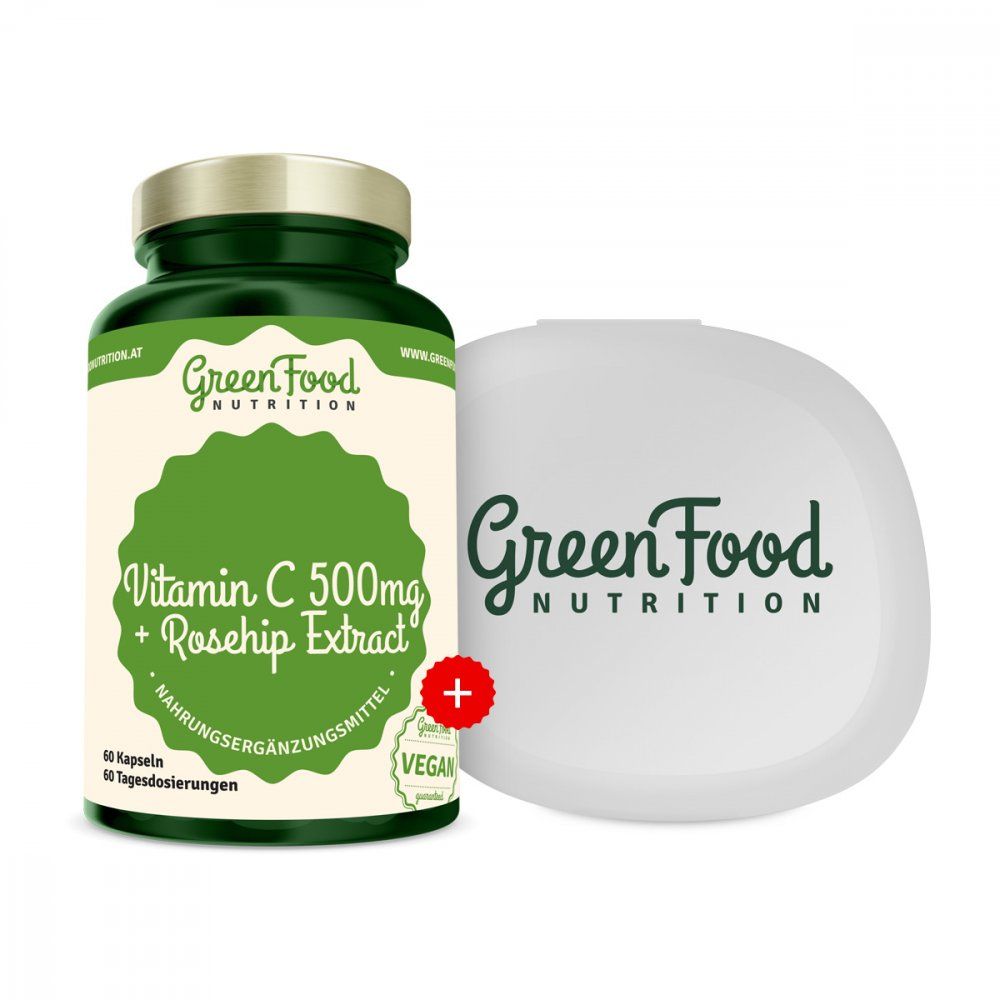 GreenFood Nutrition Vitamin C 500 + Hagebutten-Extrakt + Gratis Kapselbehälter