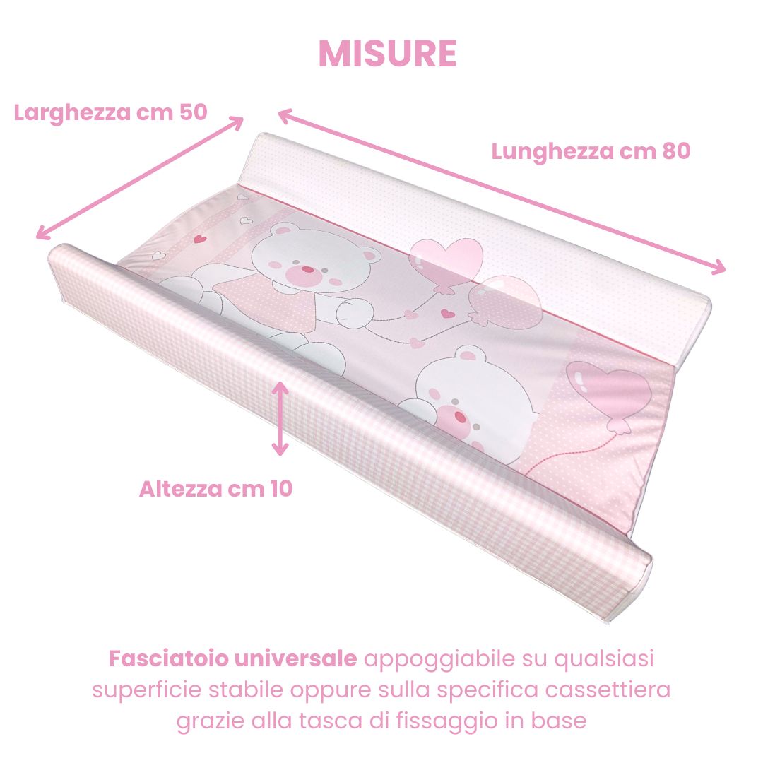 Fasciatoio rosa con orsetti e cuori. Misure: 80x50x10 cm. Materiale PVC. Testo: 'Fasciatoio universale'.