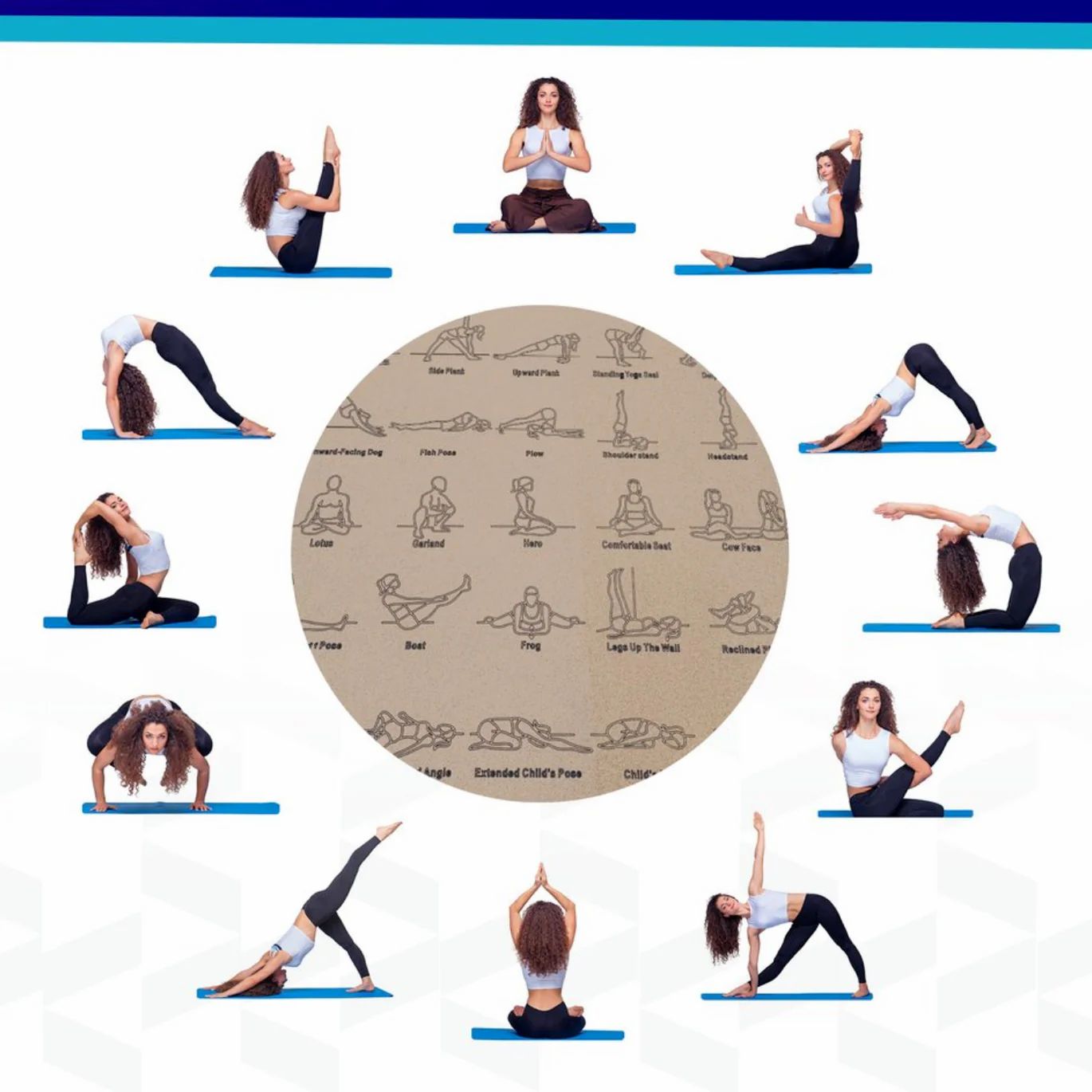 Frau praktiziert Yoga auf blauem Tuch. Yoga-Posen um einen Kreis mit Yoga-Posen-Illustrationen angeordnet.