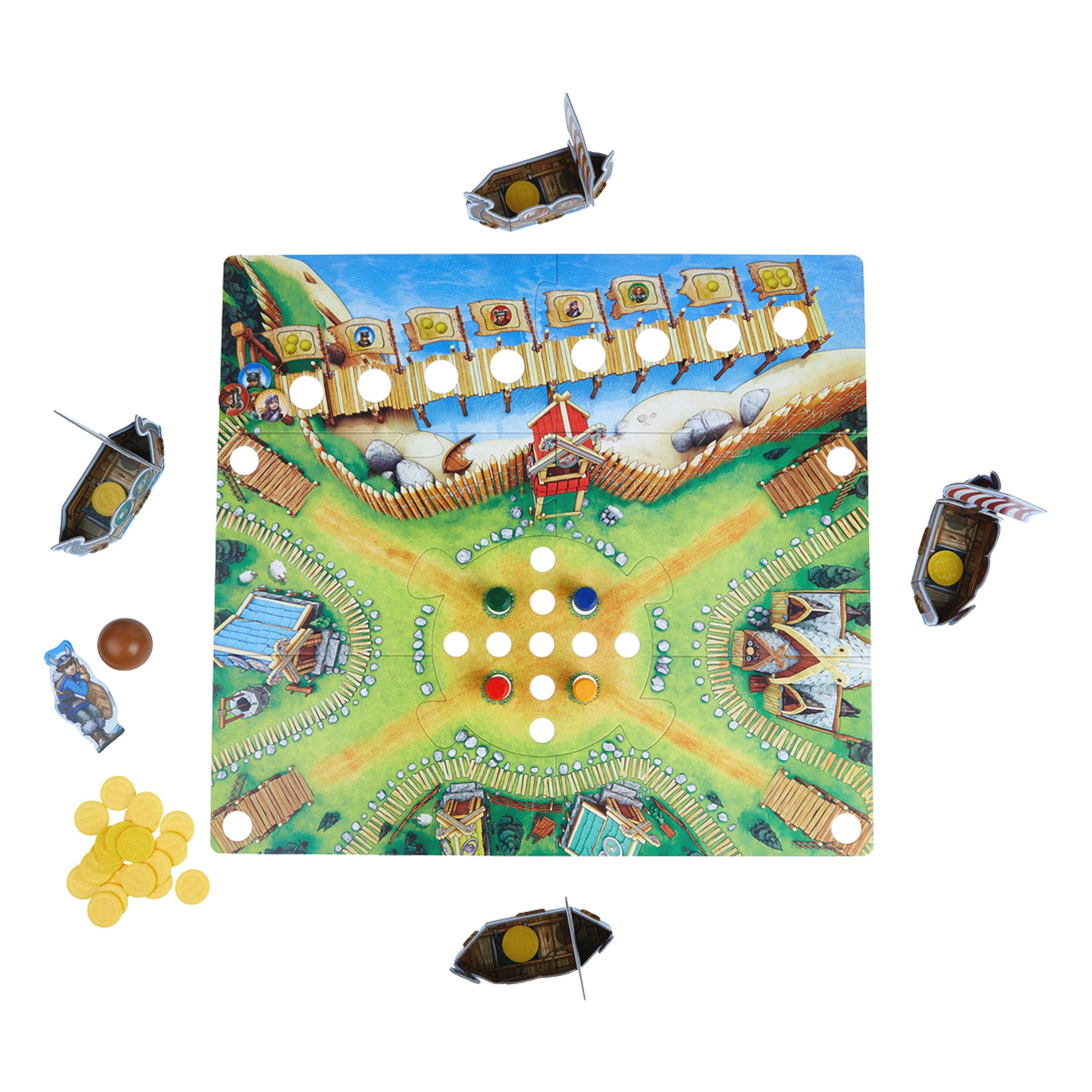 Spielbrett mit Wikingerschiffen, Holzstücken und gelben Münzen. Draufsicht, weißer Hintergrund.