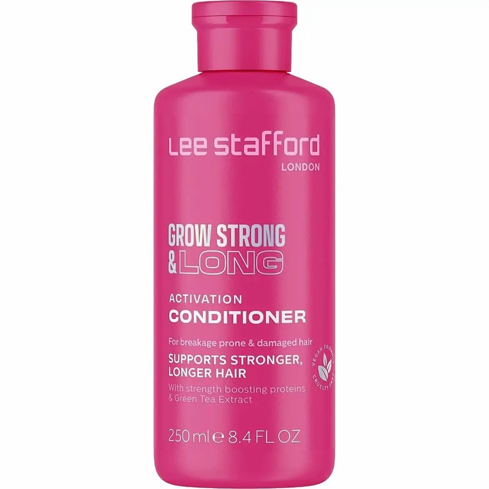 Rosa Flasche mit Schriftzug 'Grow Strong & Long Conditioner'. Enthält 250 ml. Marke: Lee Stafford.