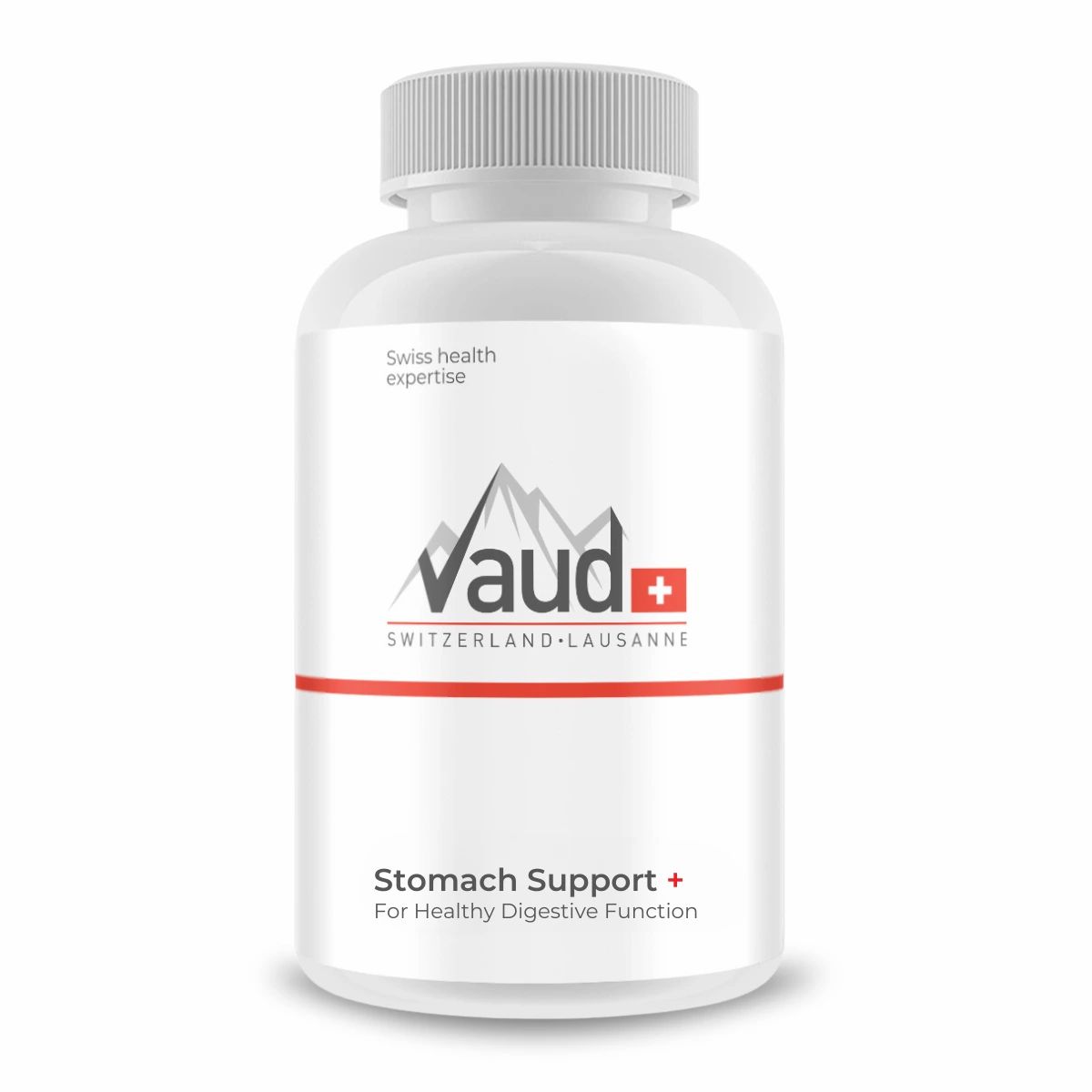 Weiße Flasche mit Schraubverschluss. Aufschrift: Vaud, Schweiz, Lausanne. Text: Stomach Support + For Healthy Digestive Function.